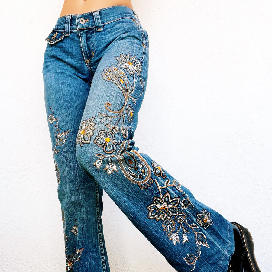 Floral Rhinestone Flare Jeans