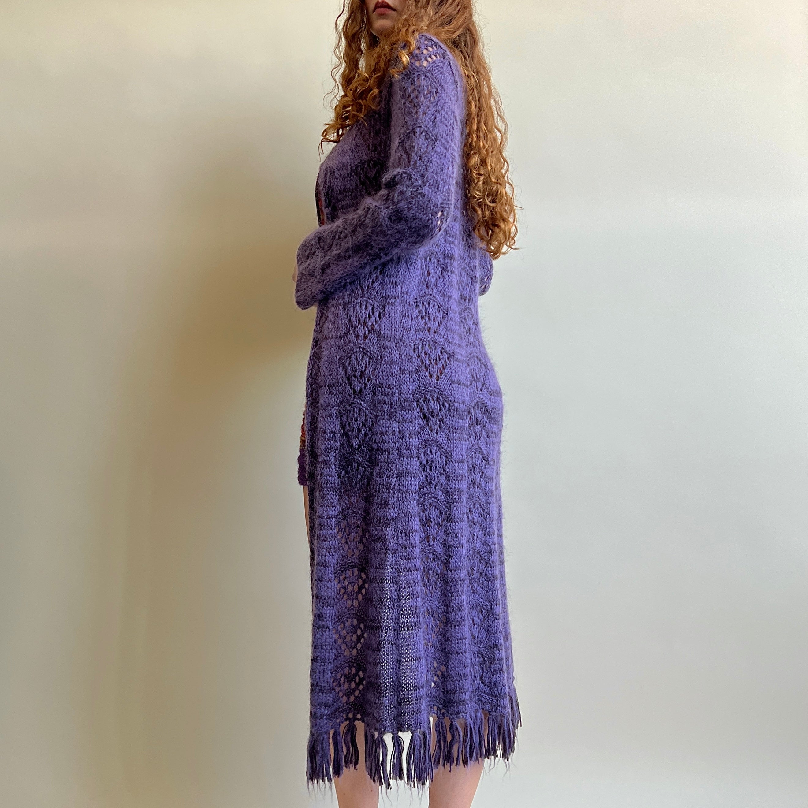 Vintage 90s dark purple knitted maxi cardigan - M