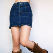 90s Denim Grid Patterned Mini Skirt