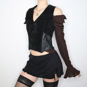 90s Black Leather and Suede Western Vest (S/M)