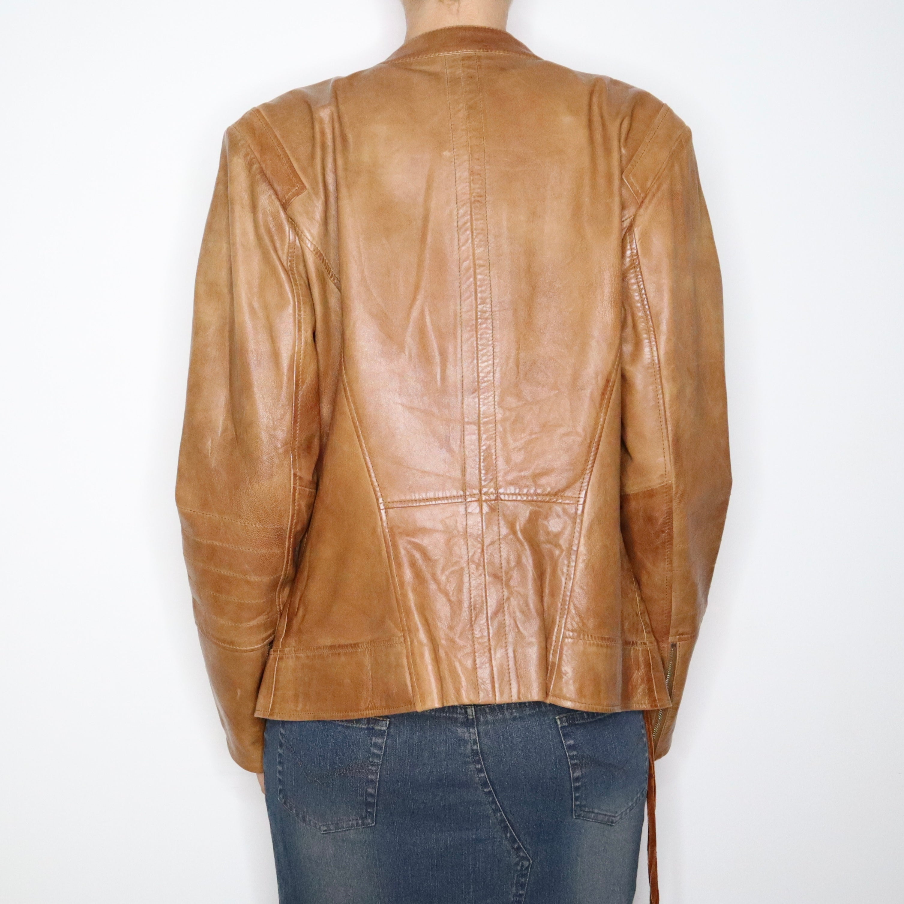 Y2K Brown Leather Moto Jacket (L)