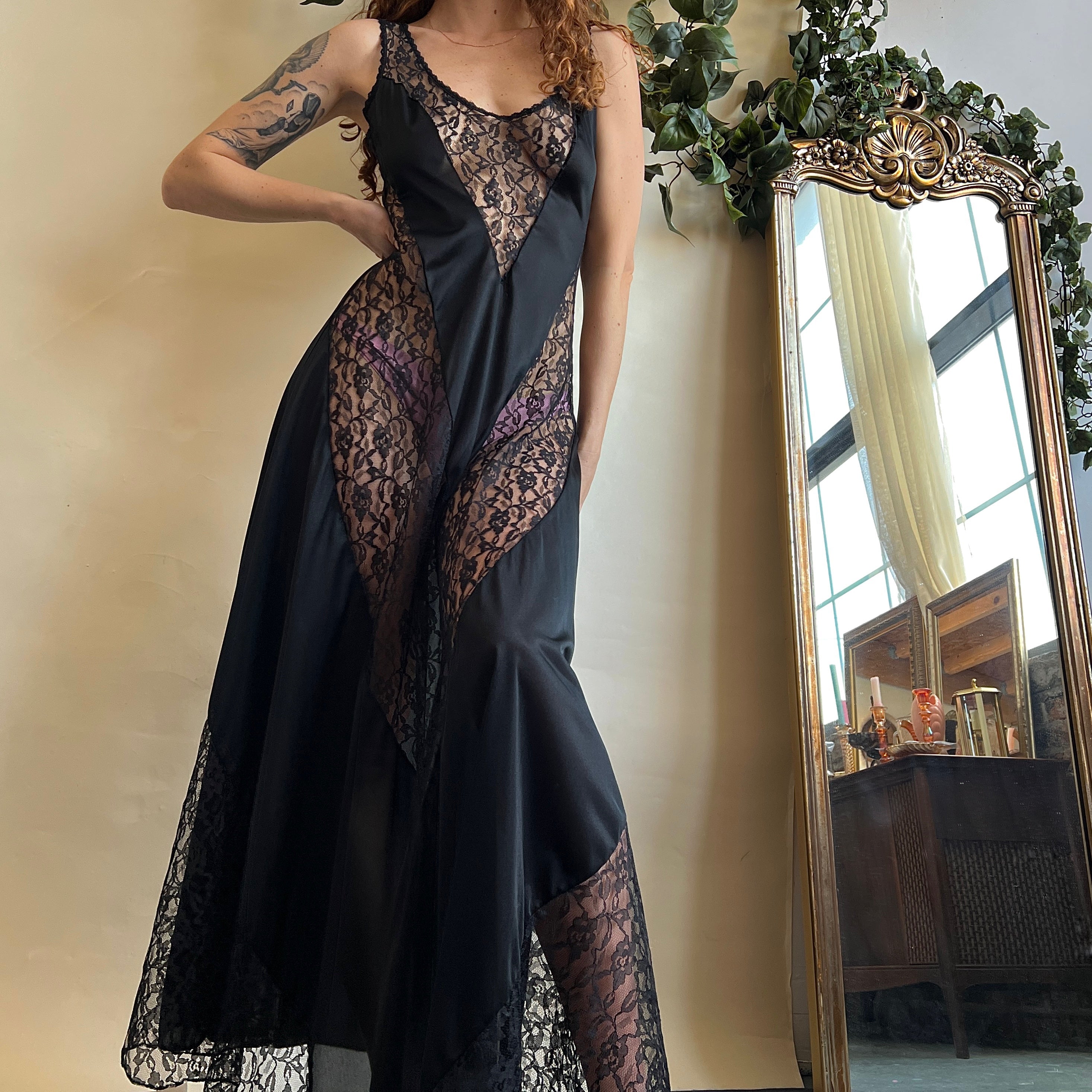 Vintage satin lace sheer maxi slip (L)