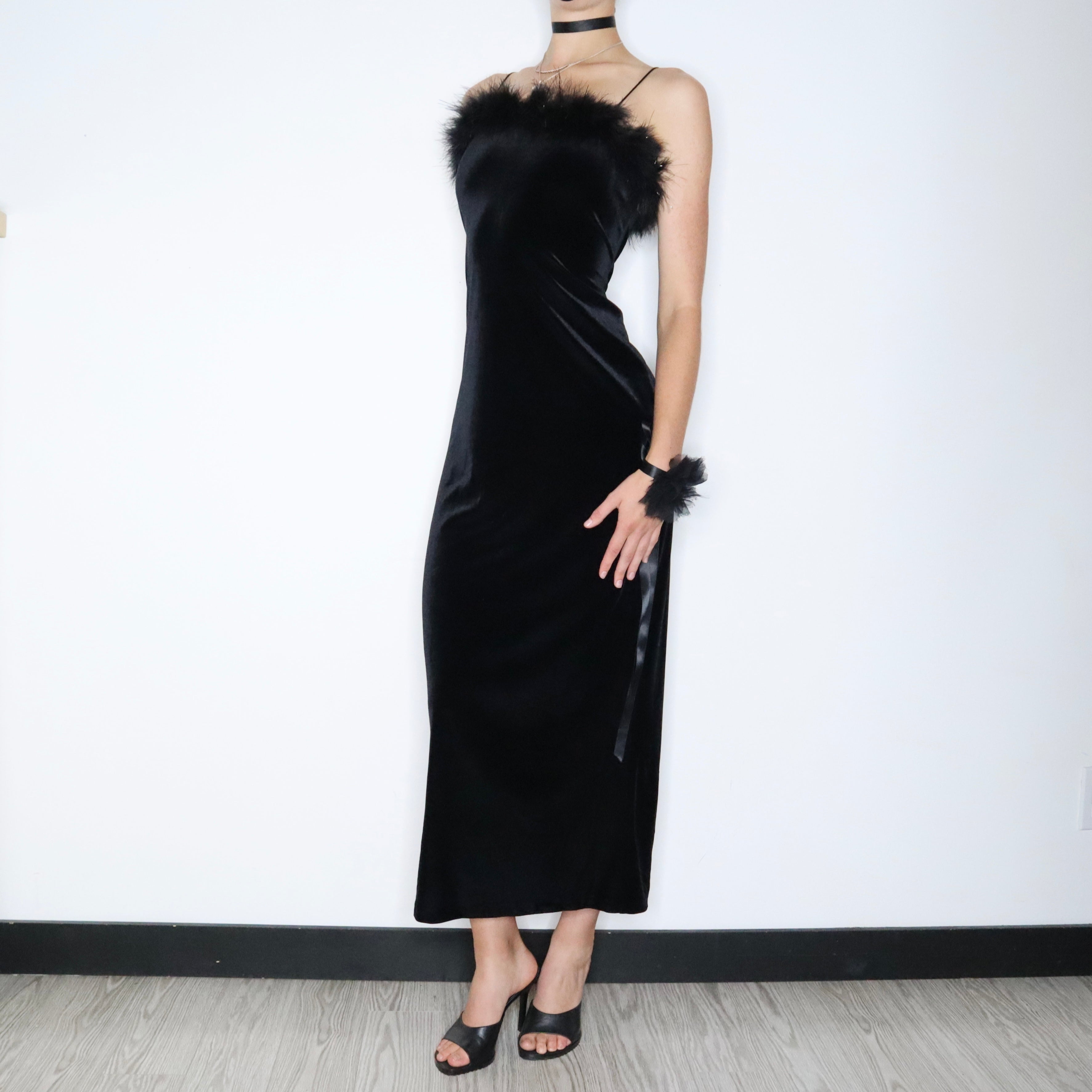 Black Velvet Maxi Dress and Flower Bracelet (Medium)