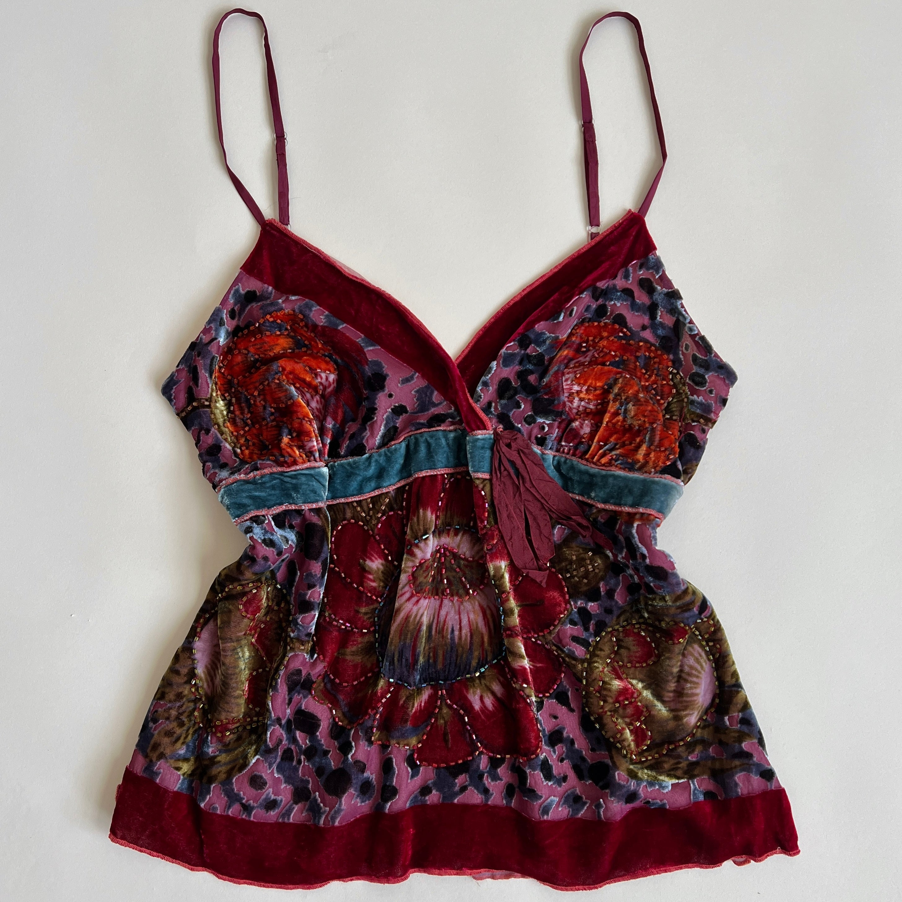 Maroon floral velvet beaded cami (S)