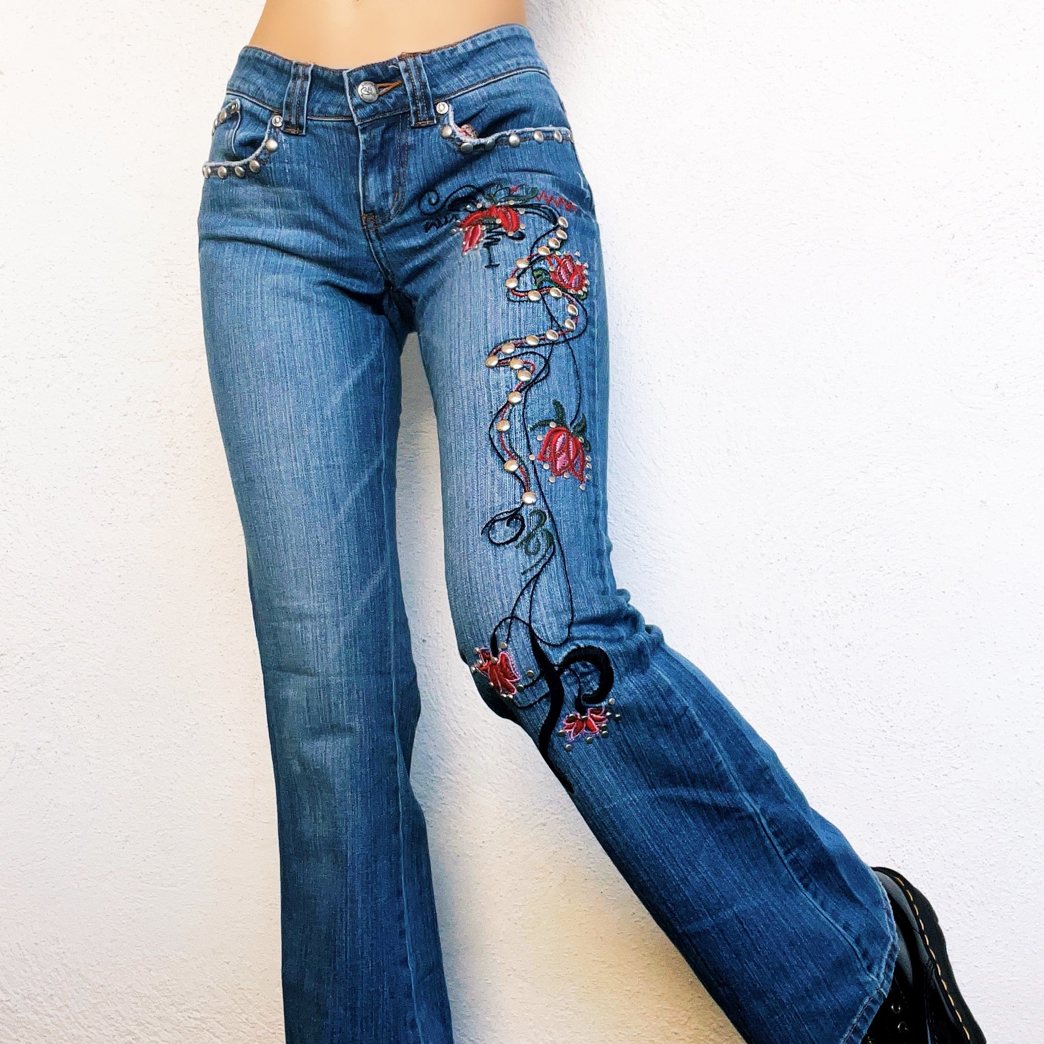 Studded Floral Flare Jeans