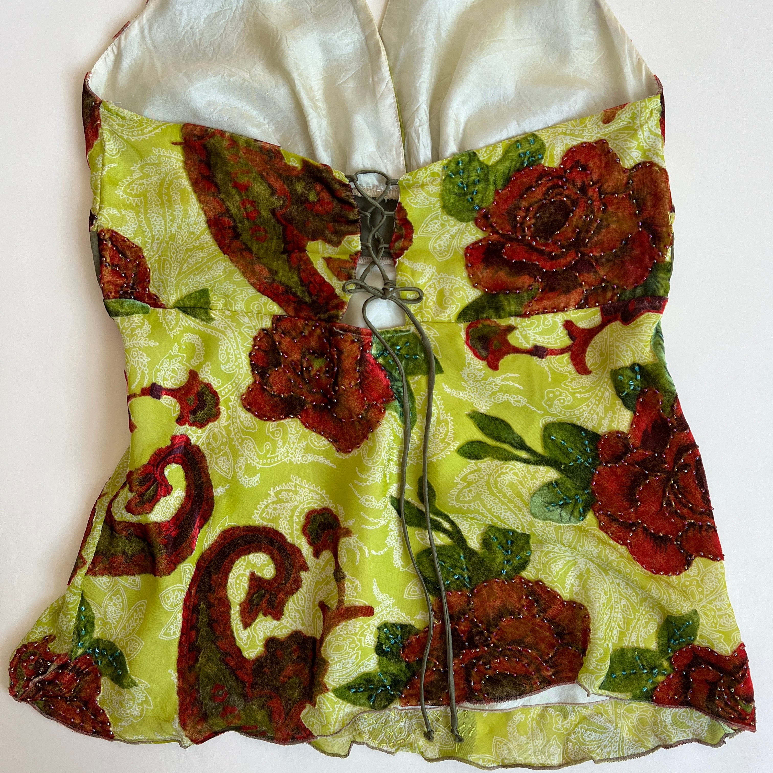 Green floral velvet beaded halter top (L)