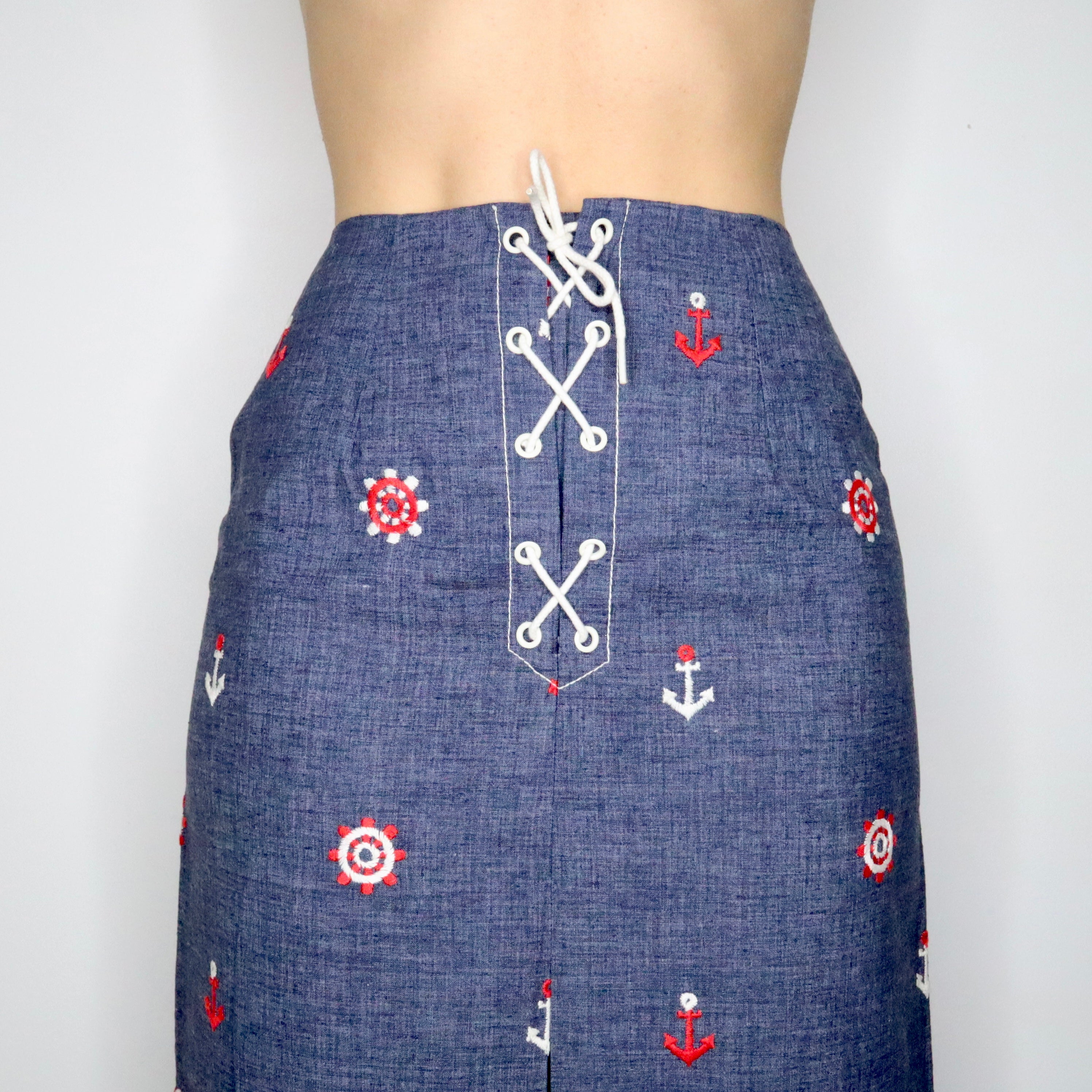 70s Lace Up Nautical Denim Maxi Skirt (S)