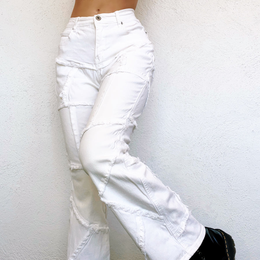 Funky White Frayed Patchwork Jeans (S/M)