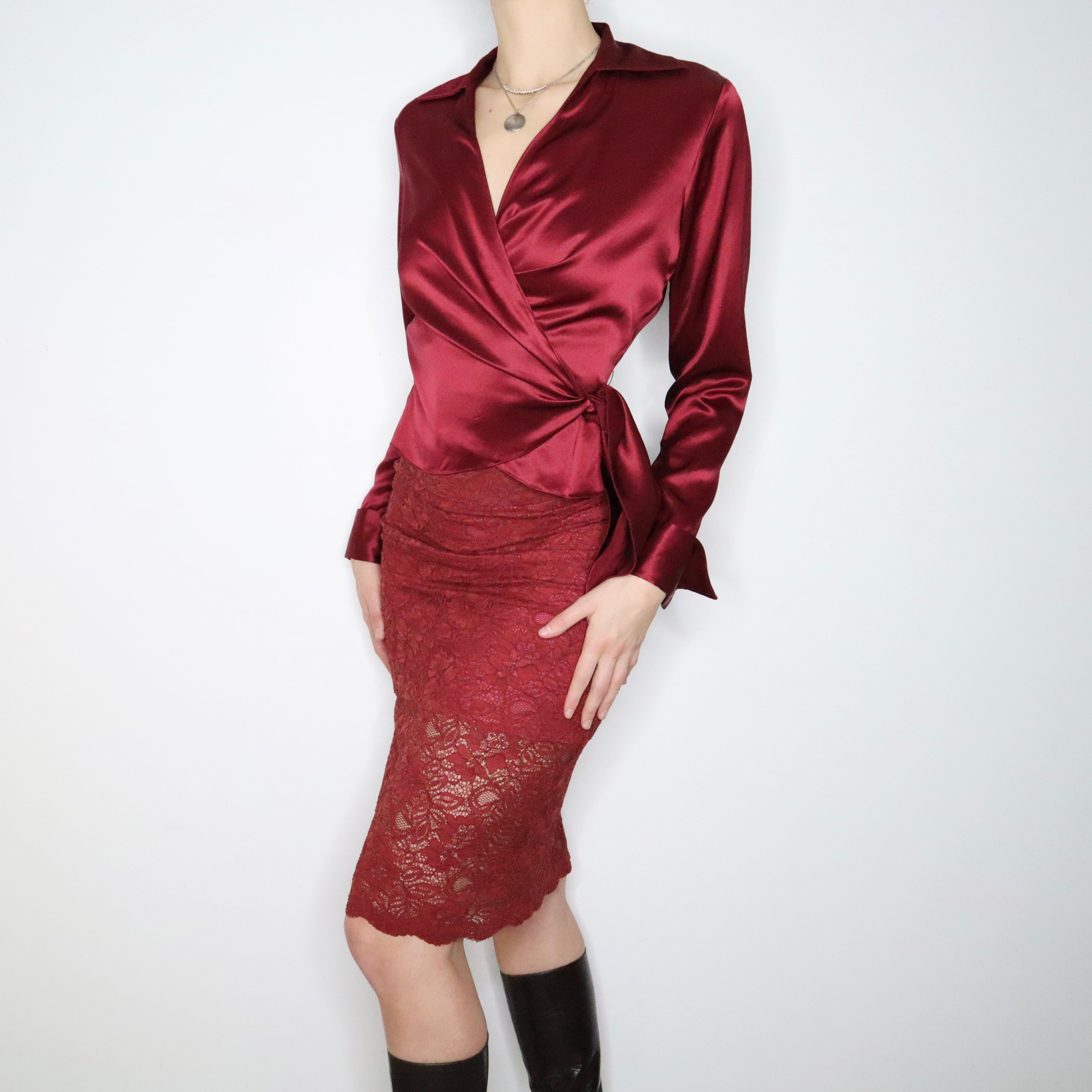 90s RALPH LAUREN Red Silk Wrap Blouse (M)