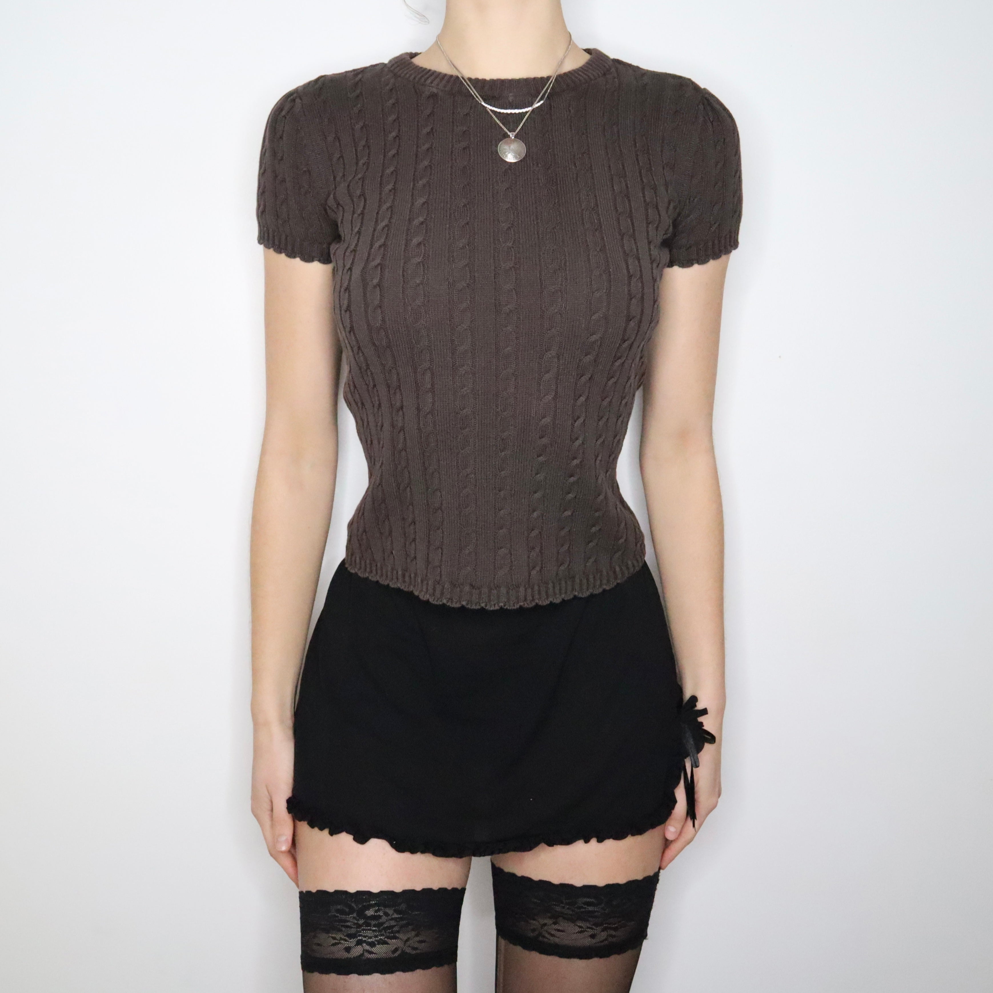 Y2K ESPRIT Brown Cotton Cable Knit Top (S)