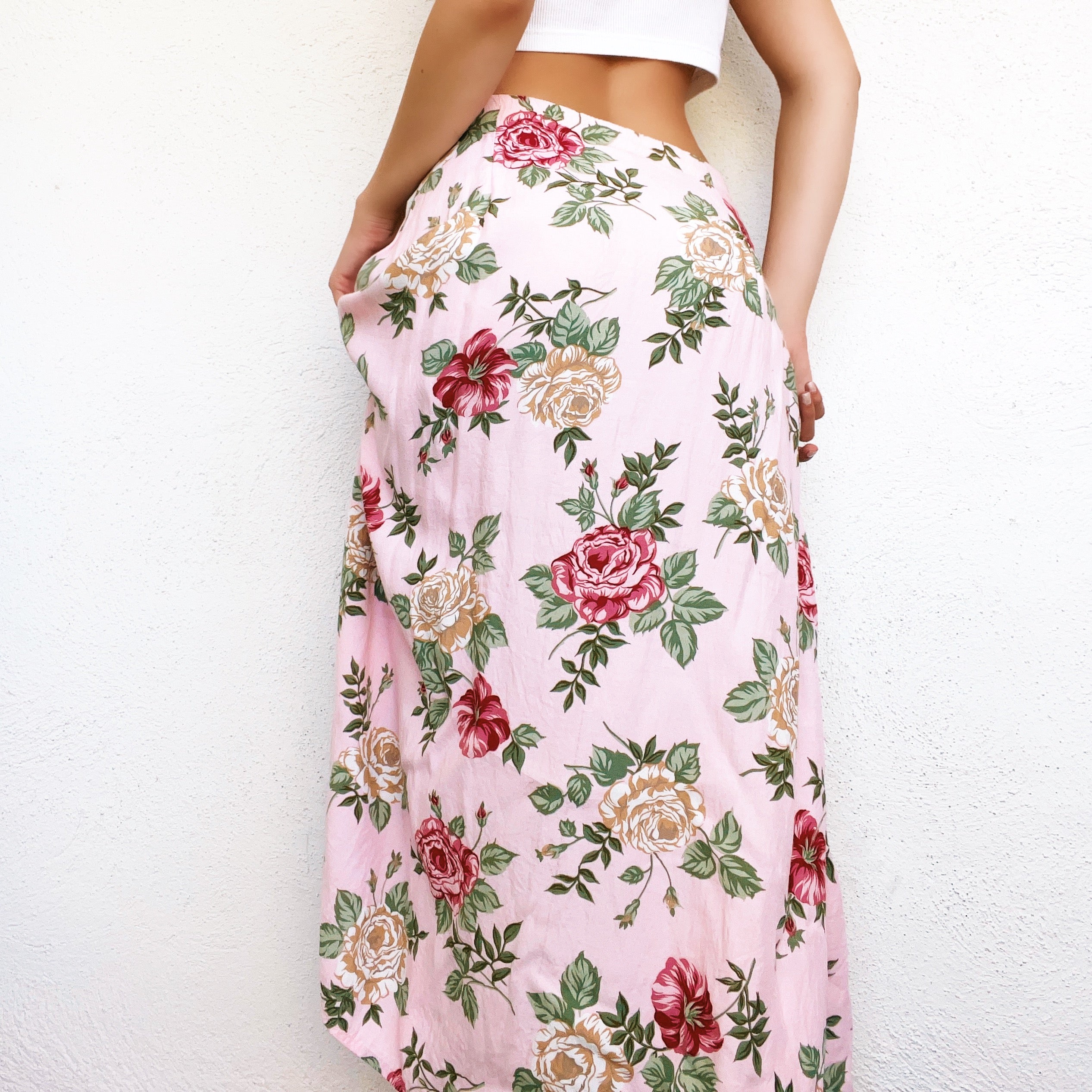 Vintage Pink Floral Maxi Skirt (S)