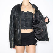 90s Oversized Black Leather Racer Jacket (L)