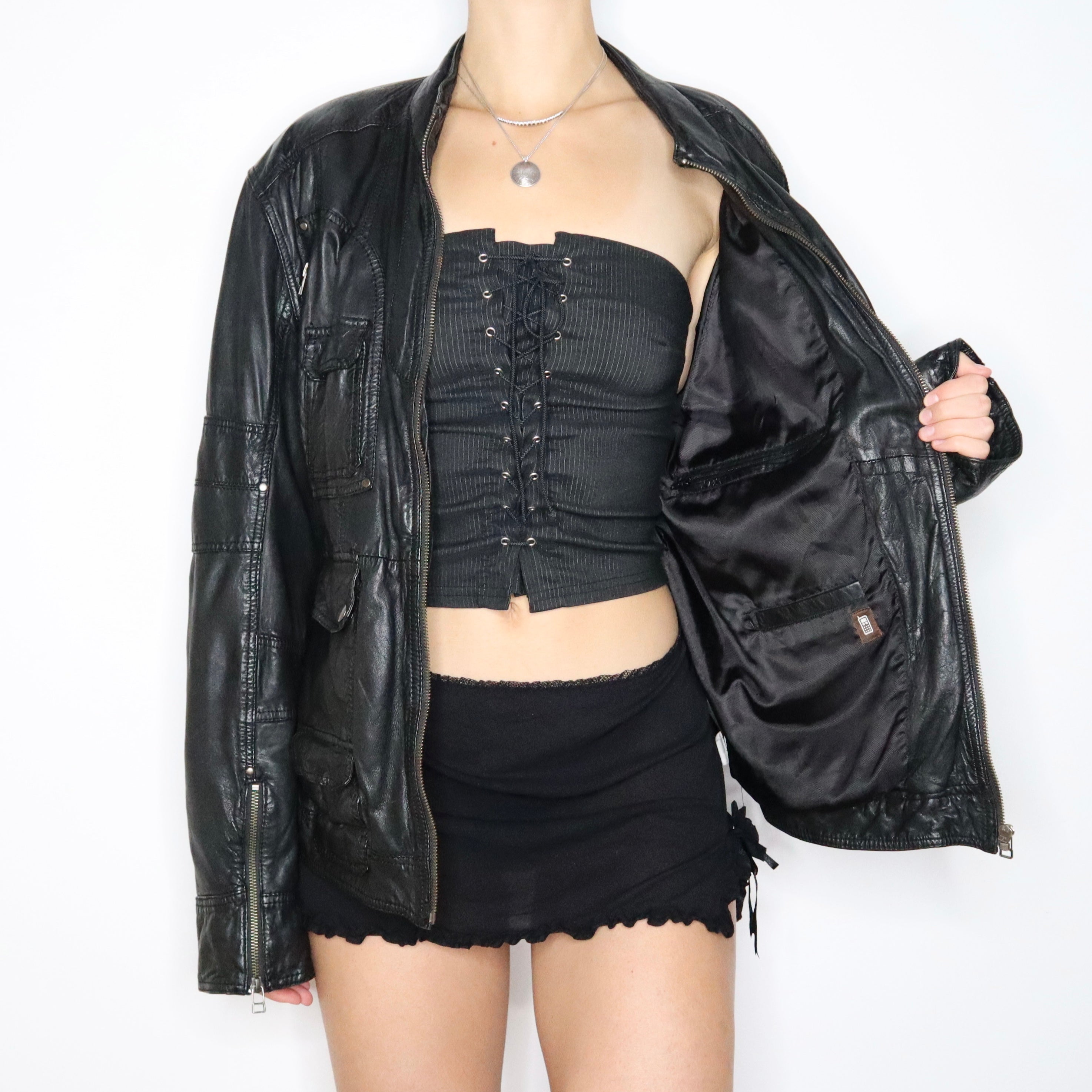 90s Oversized Black Leather Racer Jacket (L)