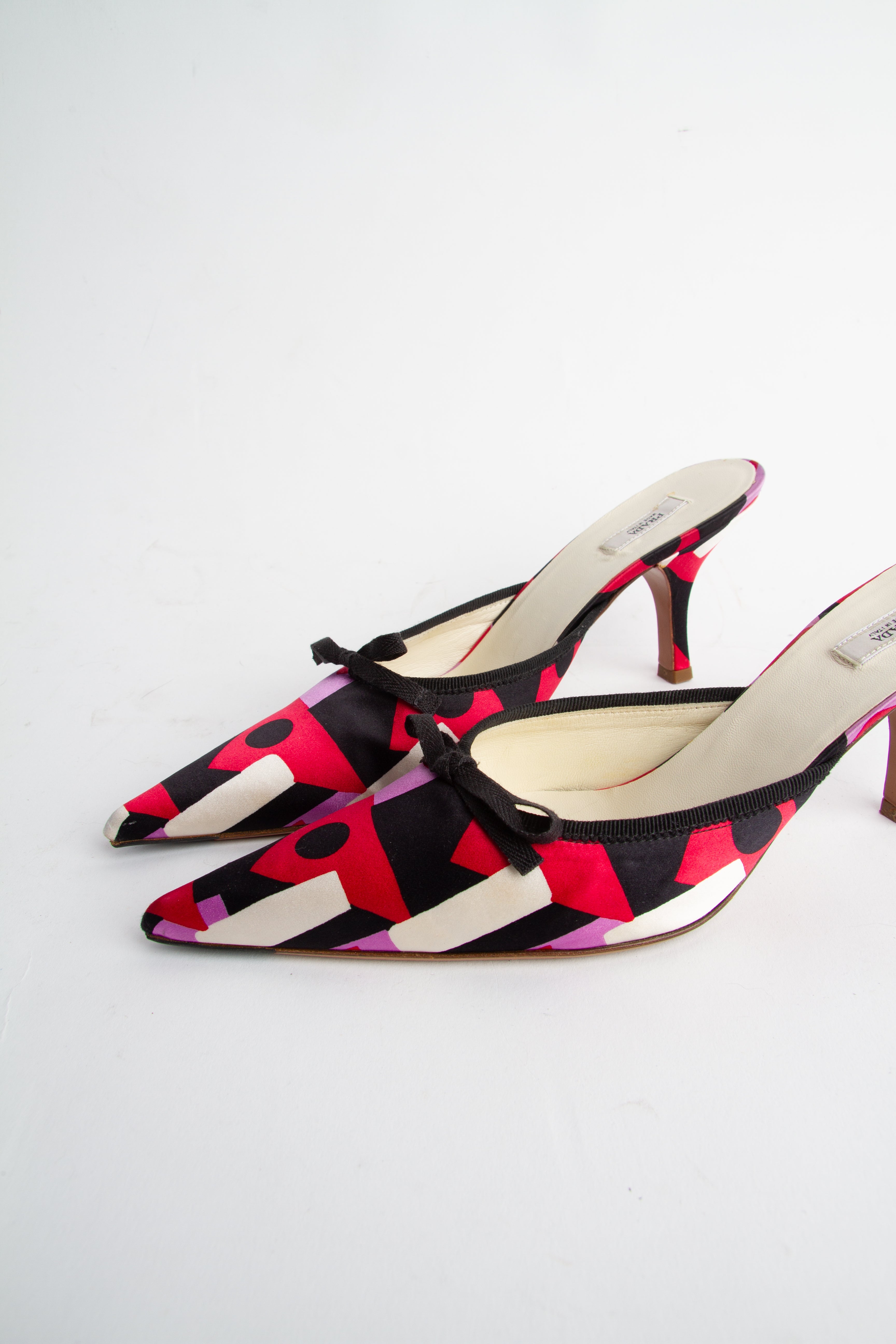 Vintage Prada 2000s Size 37.5 Multicolor Satin Pointed Toe Kitten Heels | Y2K Designer Heels Shoes