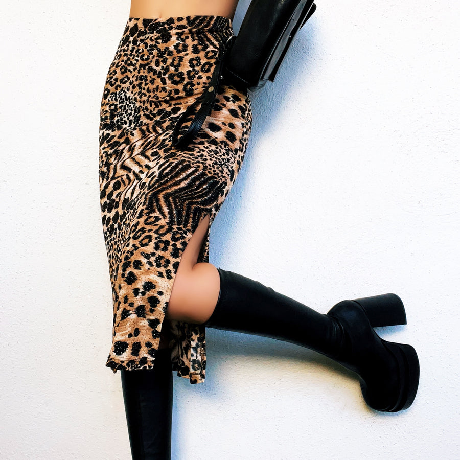 90s Sparkly Leopard Midi Skirt