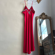 Red satin & grey lace trim maxi slip (XL)