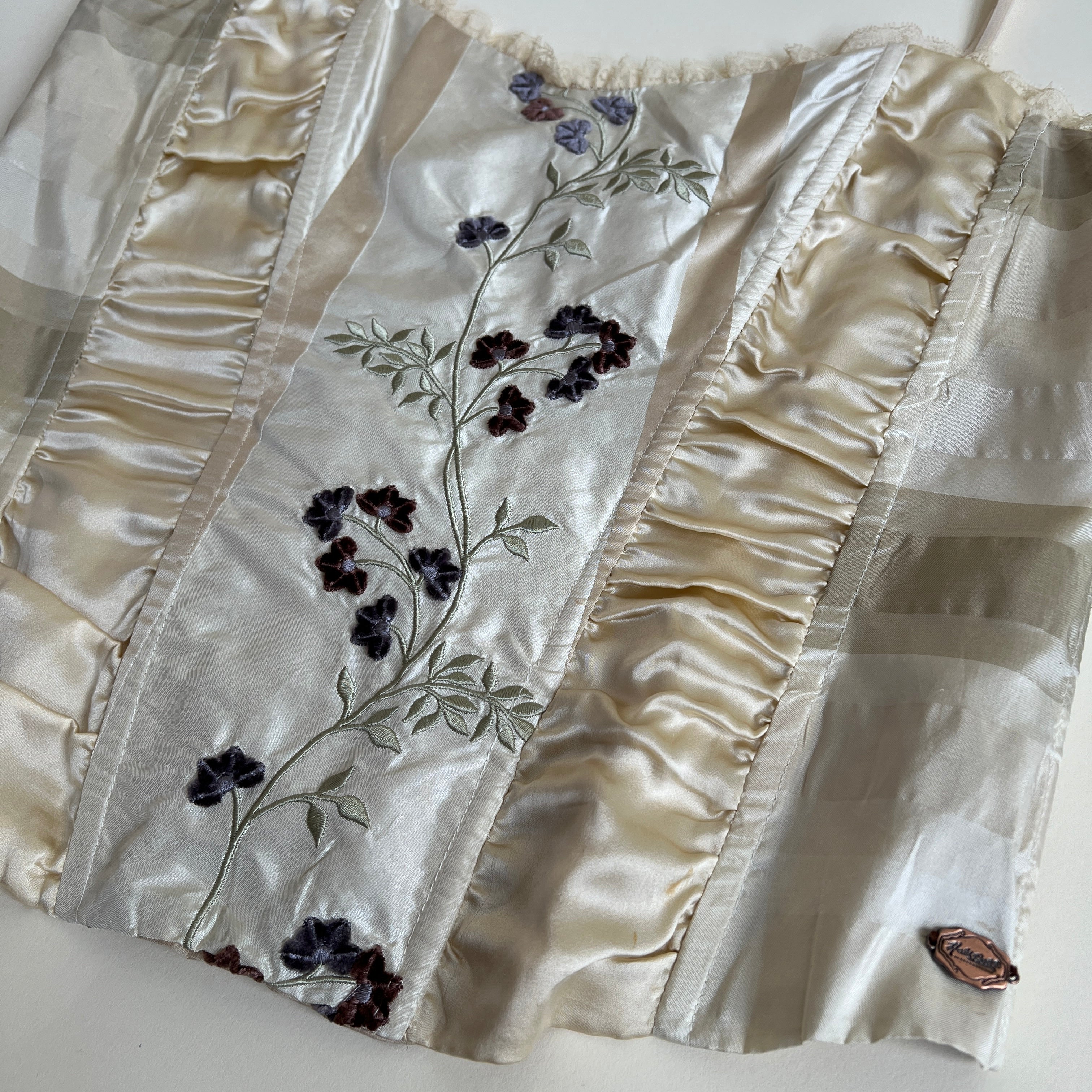 Cream silk embroidered bustier (L)