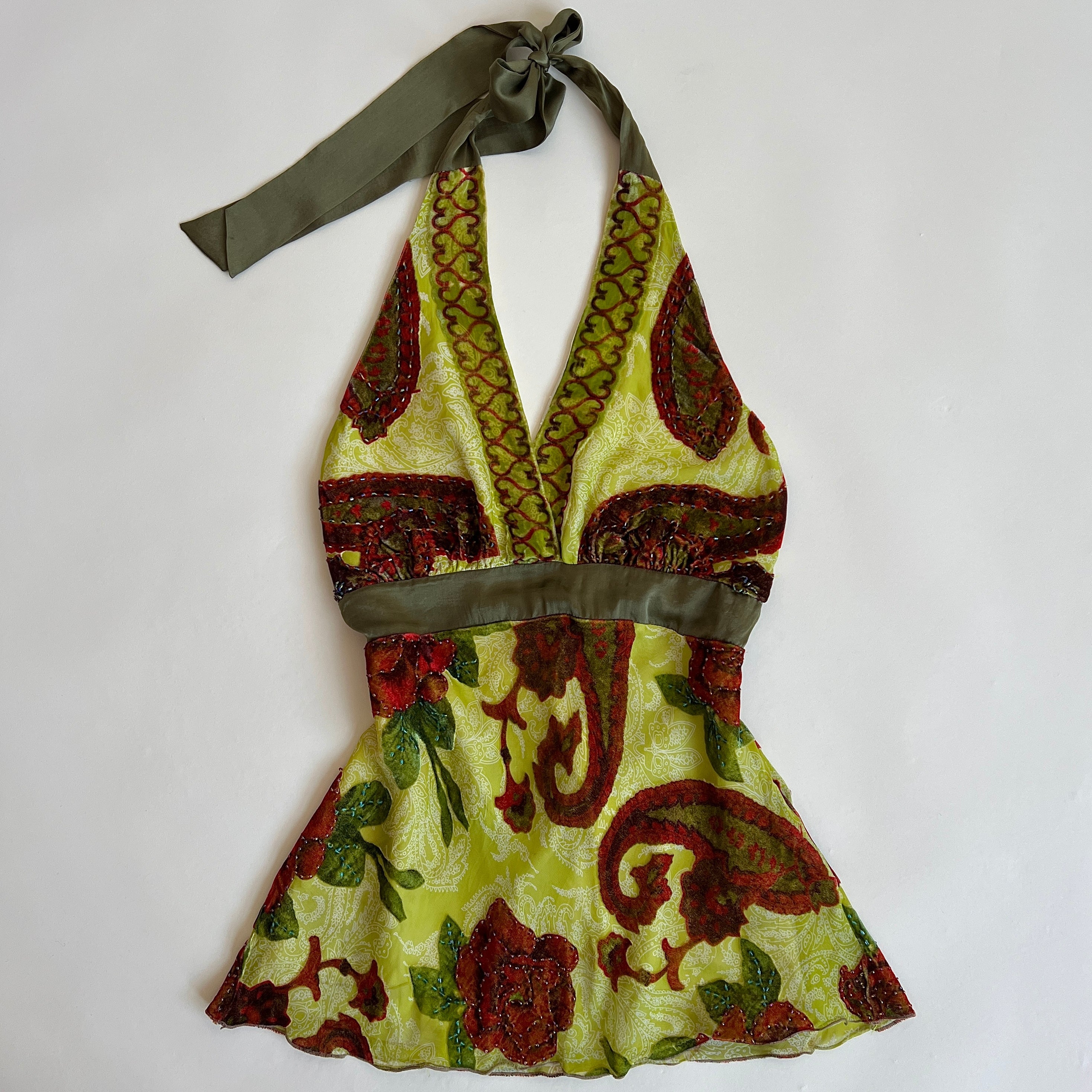 Green floral velvet beaded halter top (L)