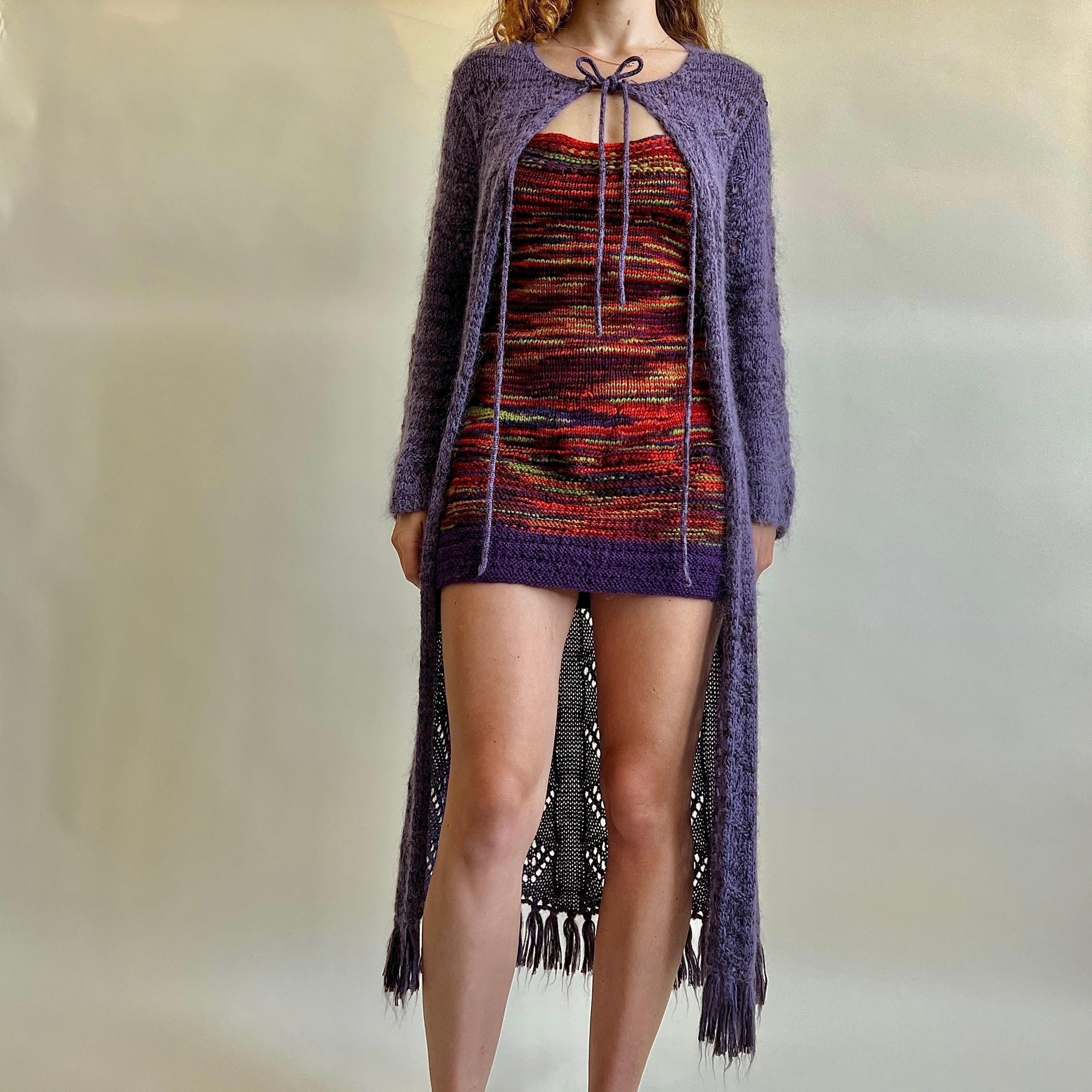 Vintage 90s dark purple knitted maxi cardigan - M