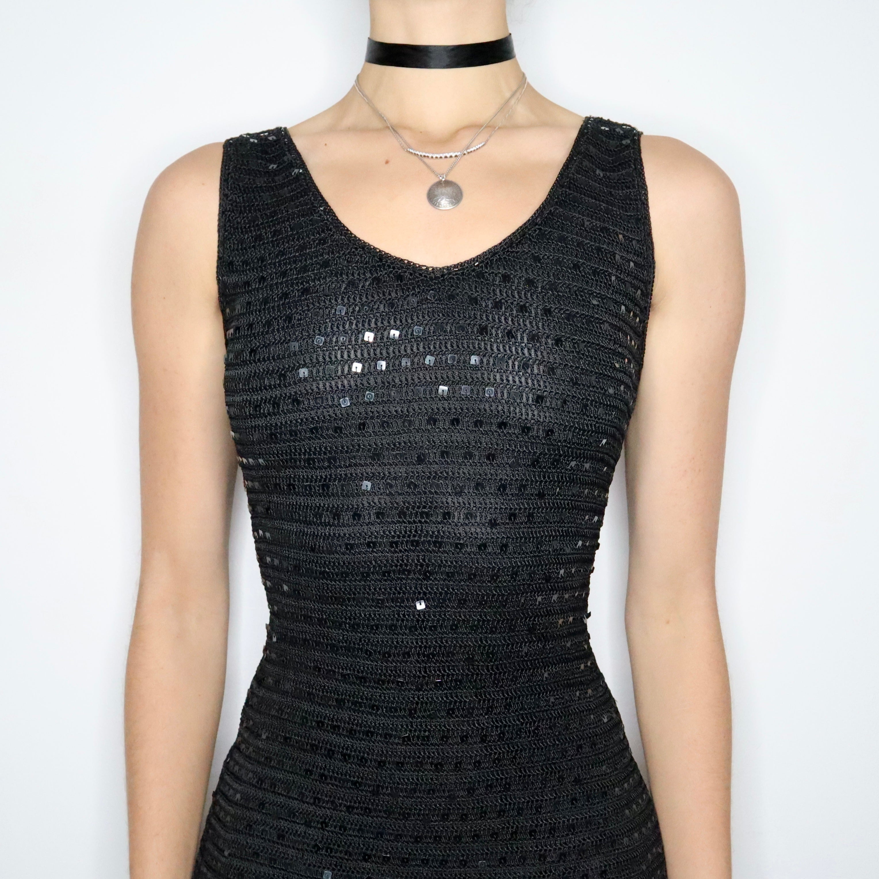 90s Black Sequin Crochet Dress (M/L)