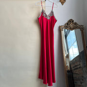Red satin & grey lace trim maxi slip (XL)