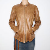 Y2K Brown Leather Moto Jacket (L)
