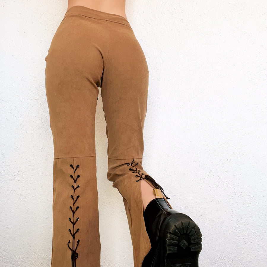 Faux Suede Lace Up Flares