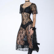 80s Whimsigoth Sheer Black Lace Dress (L)