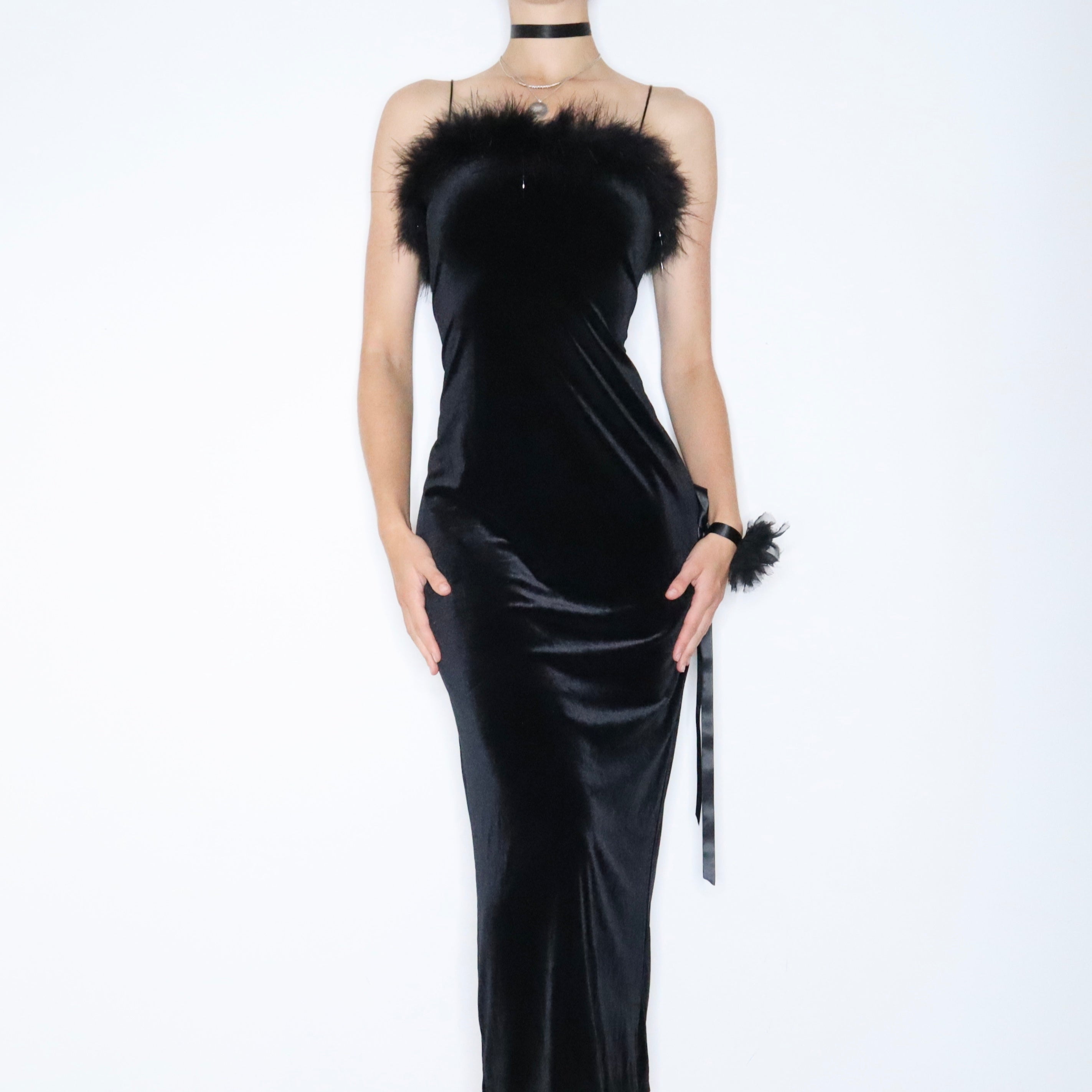 Black Velvet Maxi Dress and Flower Bracelet (Medium)