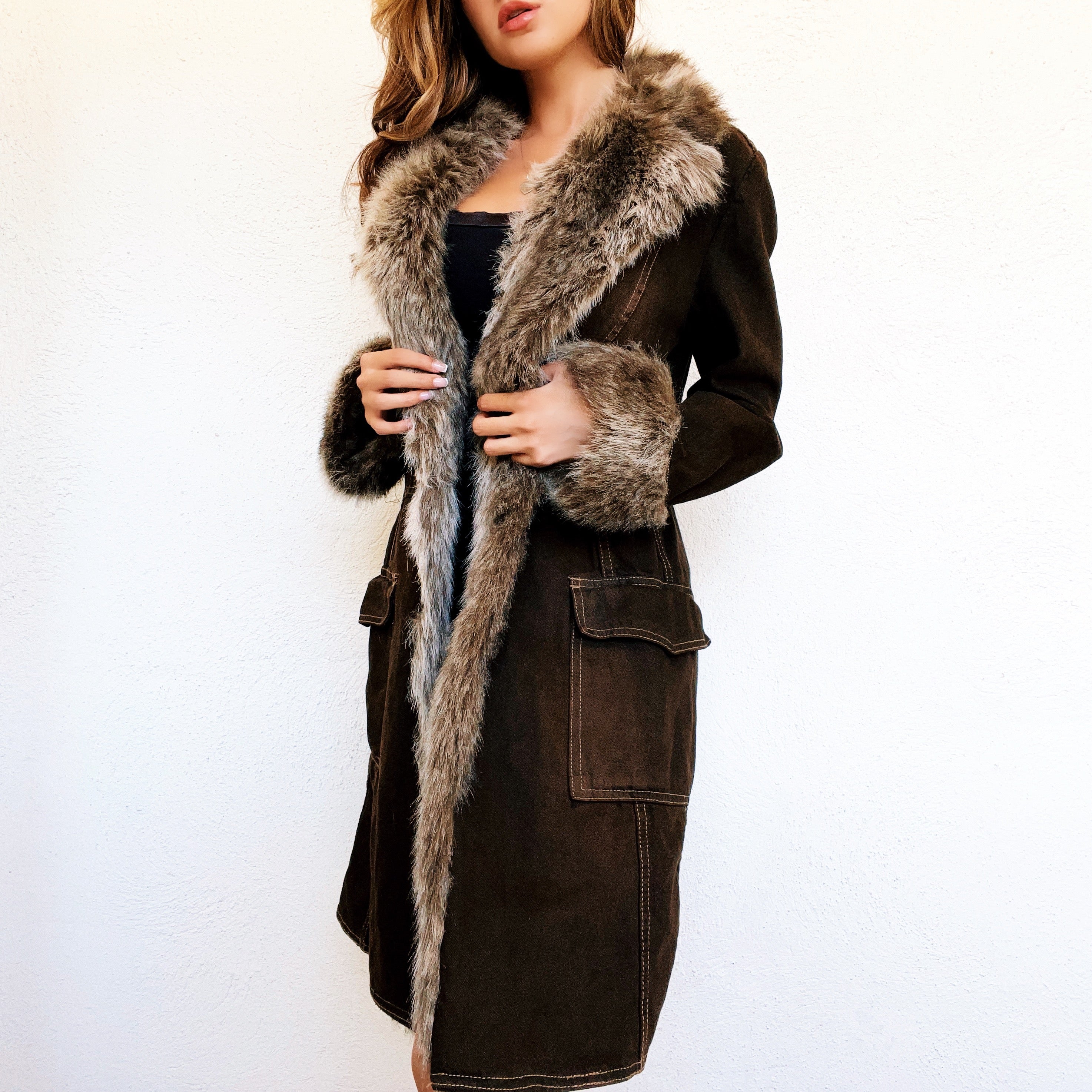 Faux Fur Denim Duster Jacket