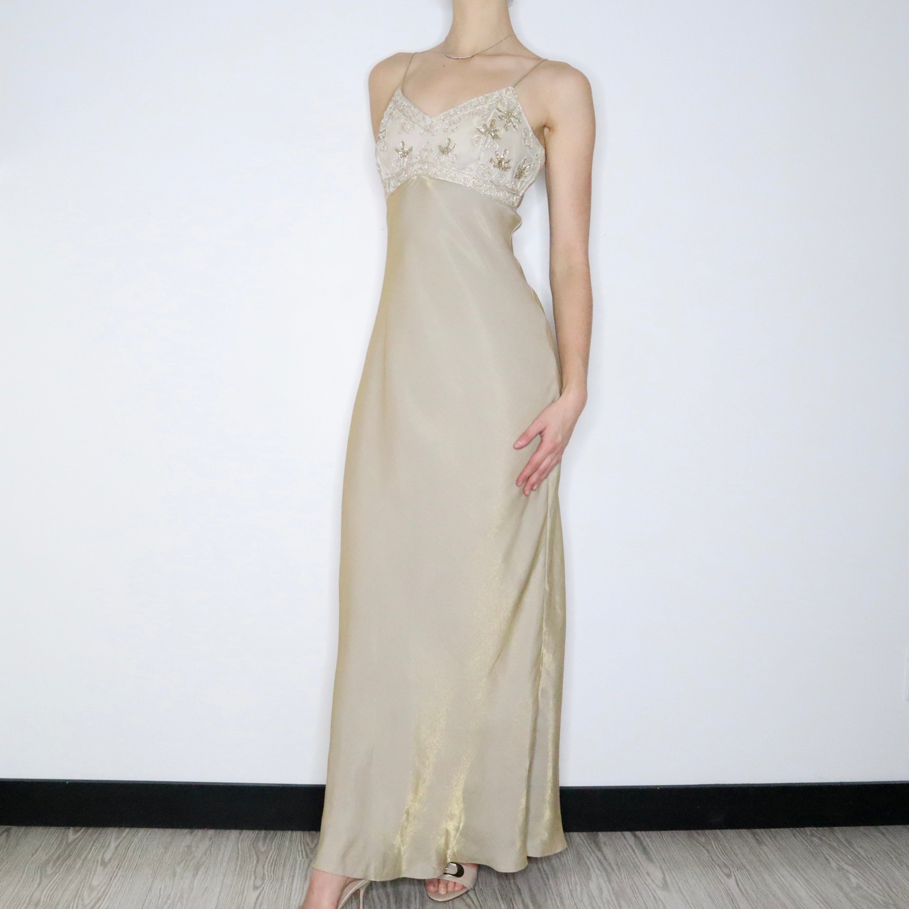 90s Elegant Gold Shimmer Prom Dress (M)