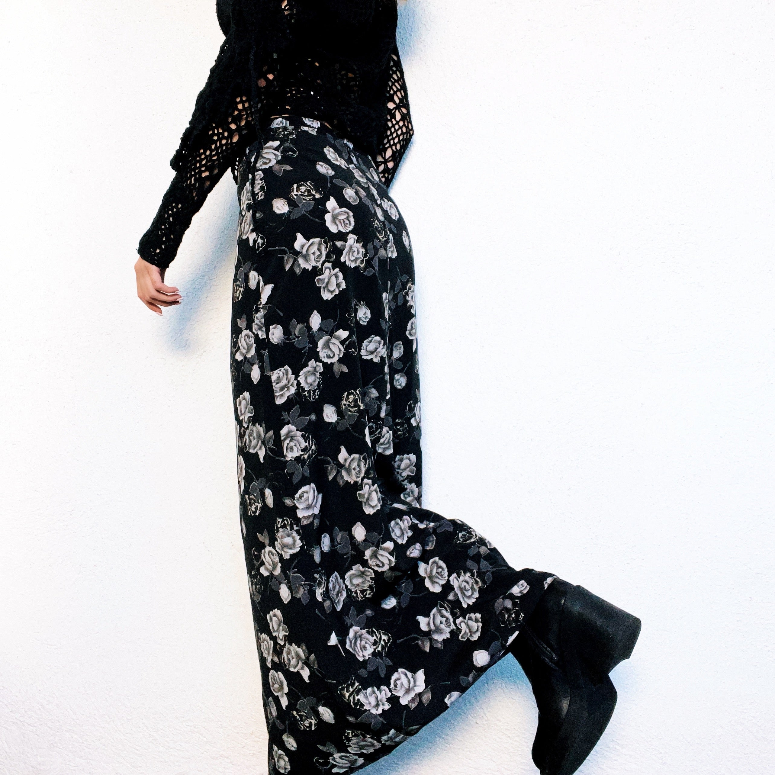 90s Black Floral Maxi Skirt