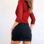 Deep Red Button Up Crochet Top (XS)