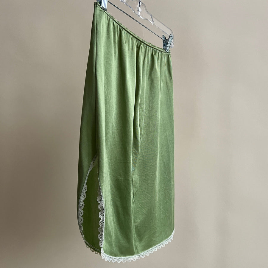Hand dyed olive green satin slip skirt (S/M)