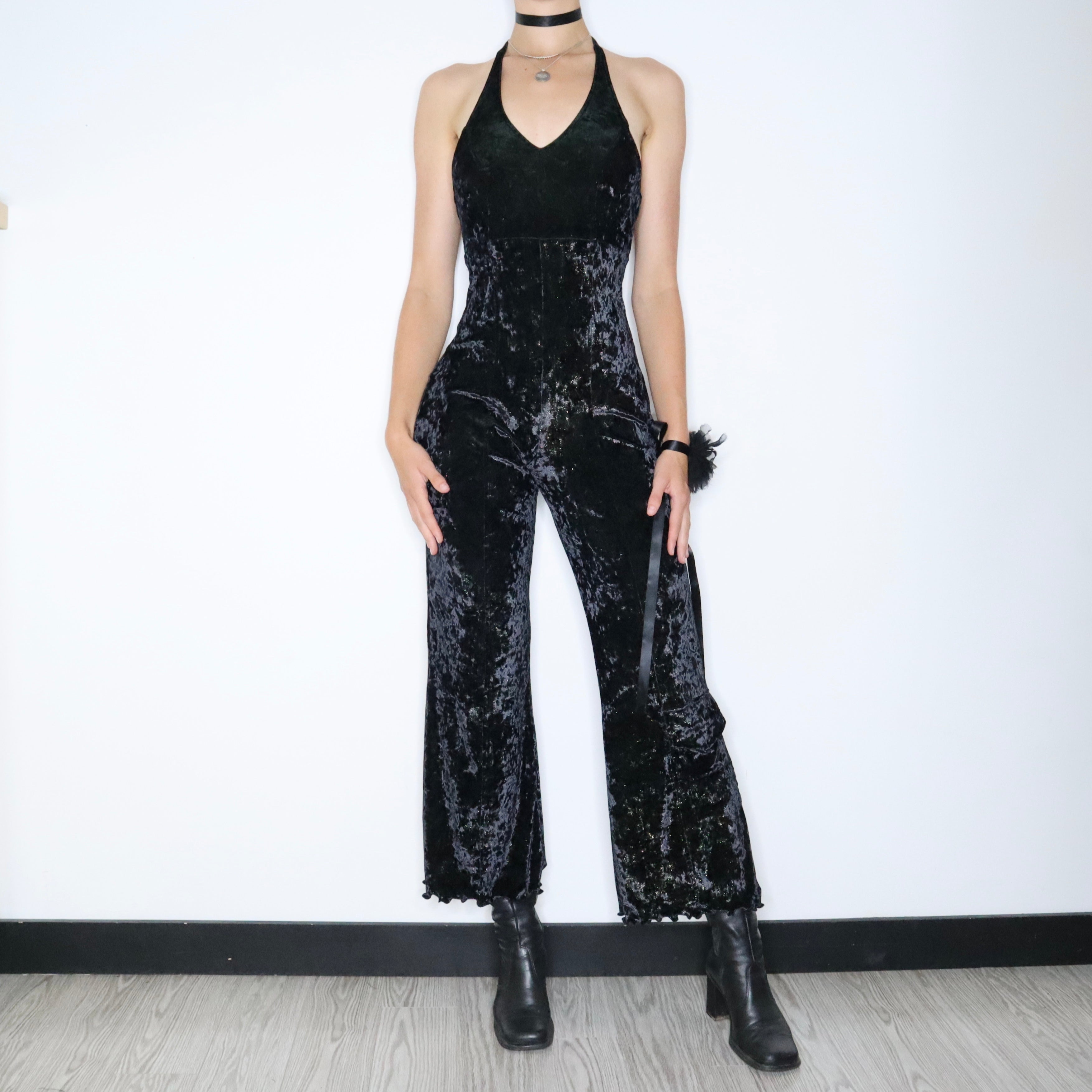 90s Black Velvet Jumpsuit (S)