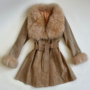 Vintage belted suede & faux fur trim coat - S/M