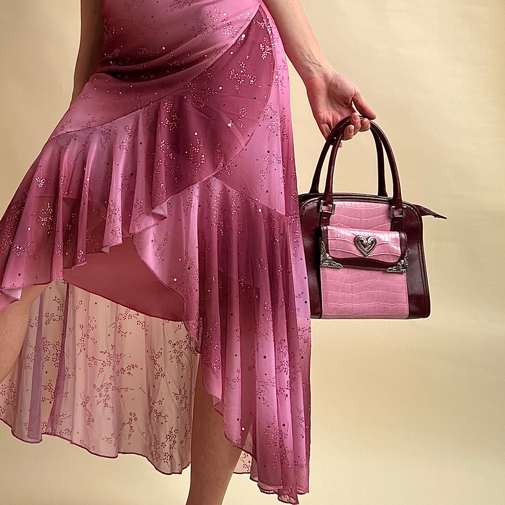Merlot & pink pleather + silver heart purse