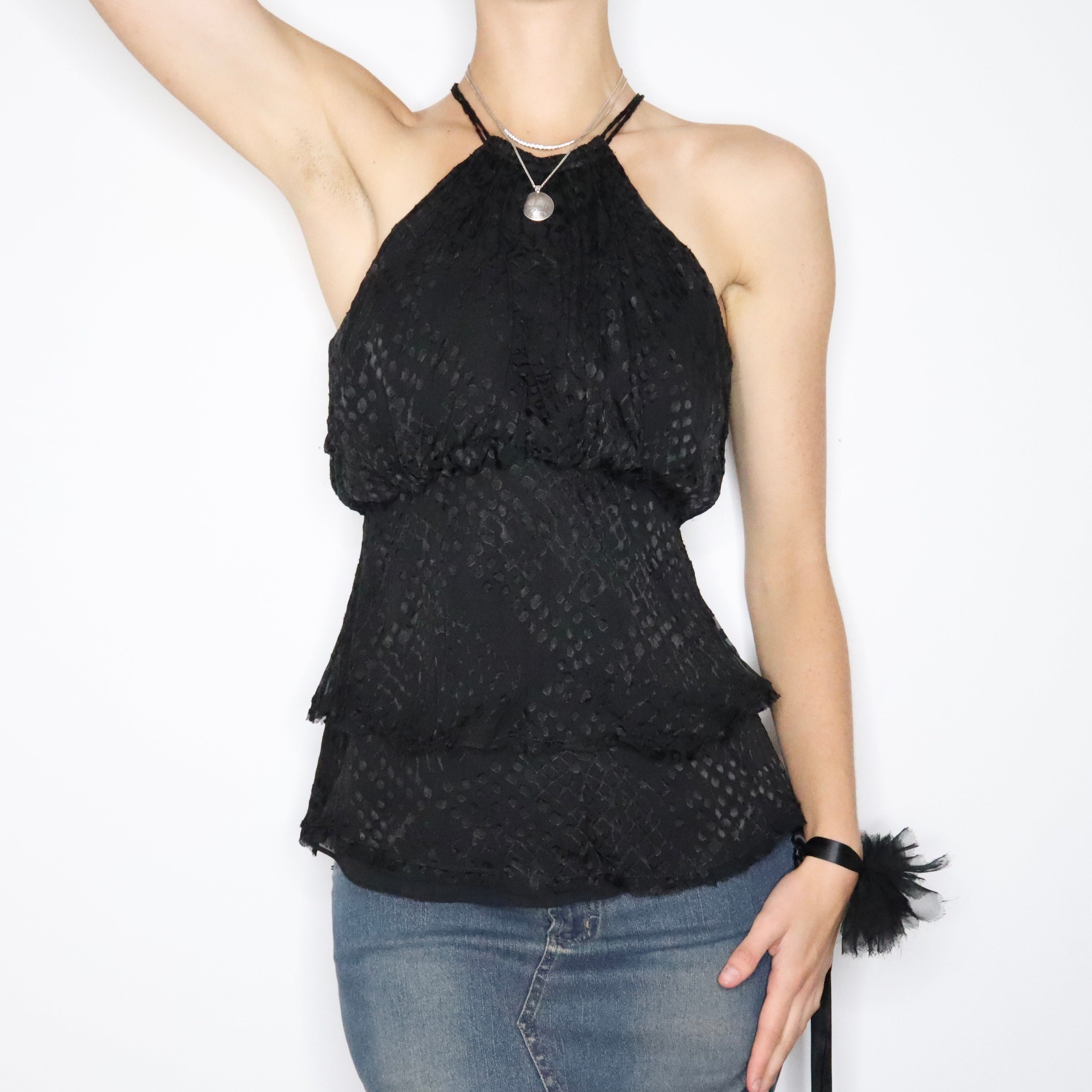 Y2K Black Silk Babydoll Blouse (XS)
