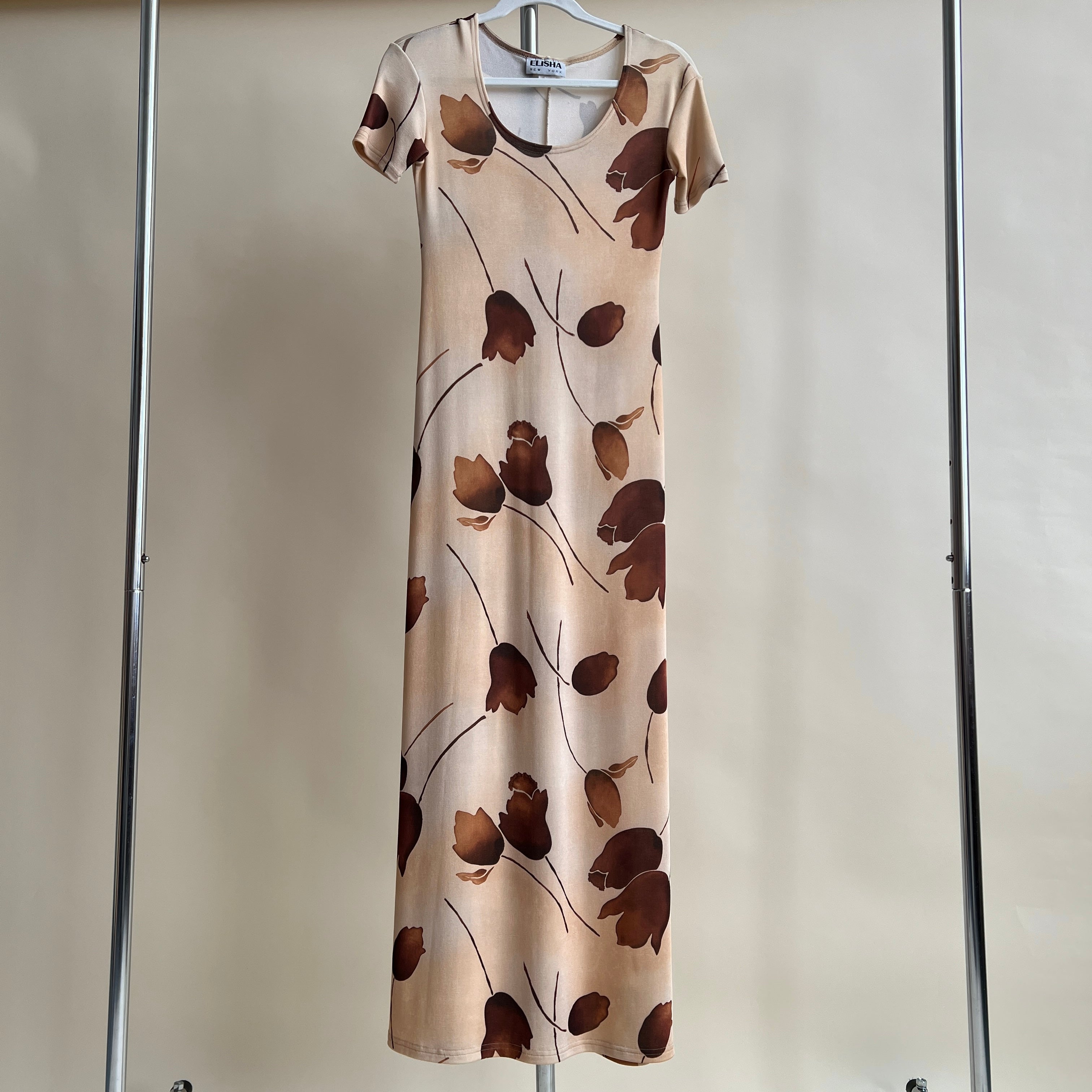 Vintage 90s slinky beige floral maxi dress (M/L)