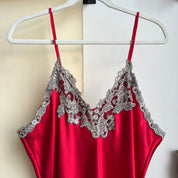 Red satin & grey lace trim maxi slip (XL)