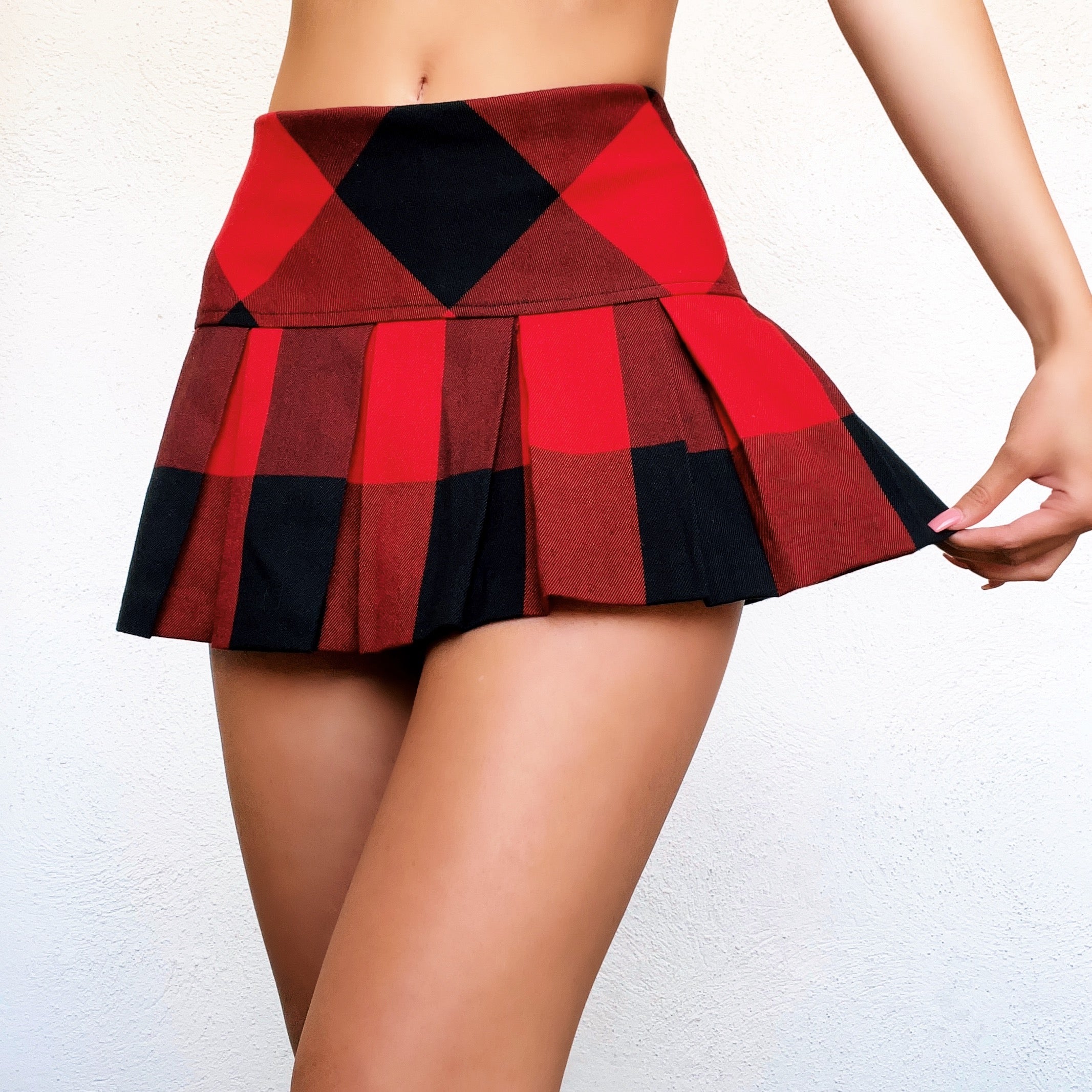 Pleated Buffalo Check Mini Skirt