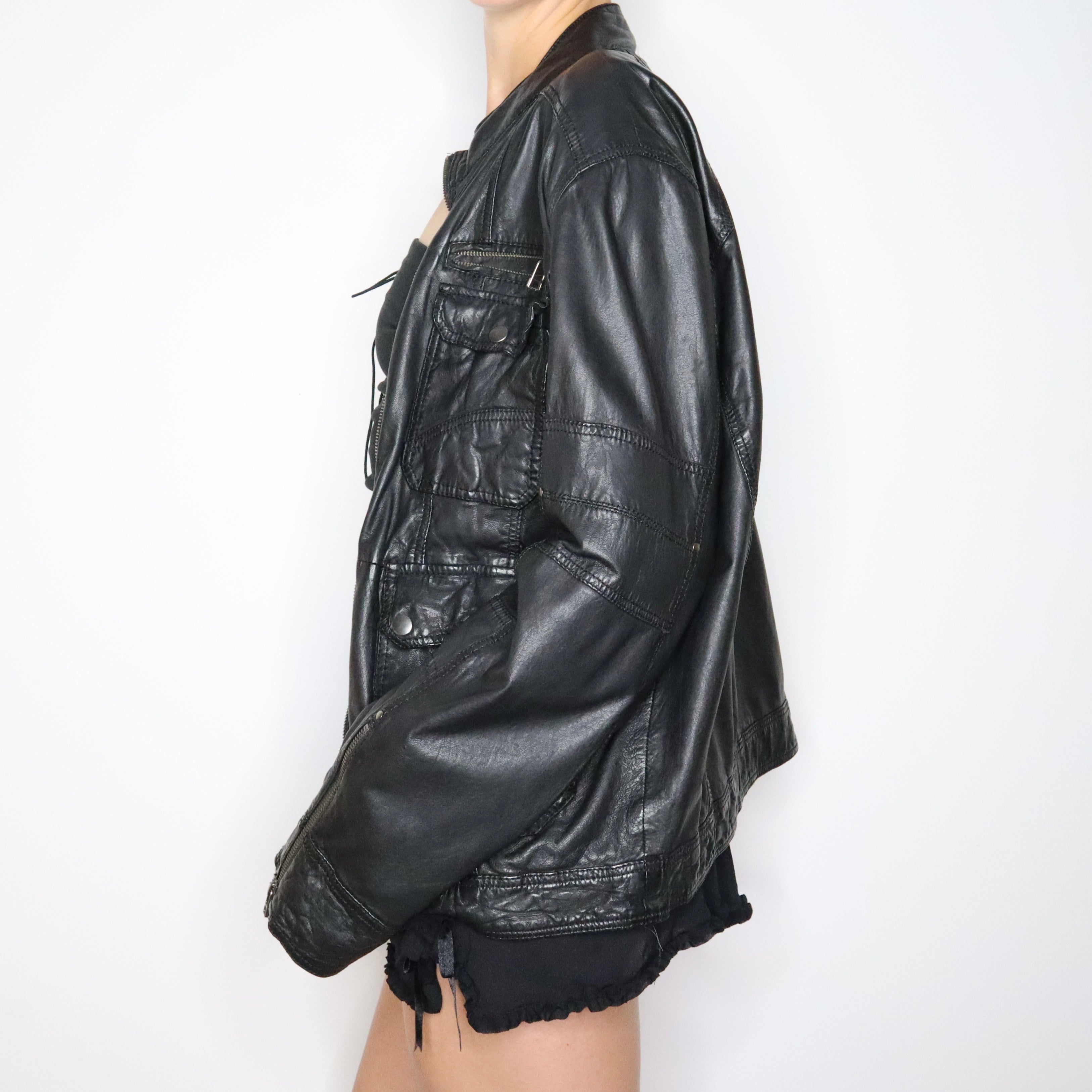 90s Oversized Black Leather Racer Jacket (L)