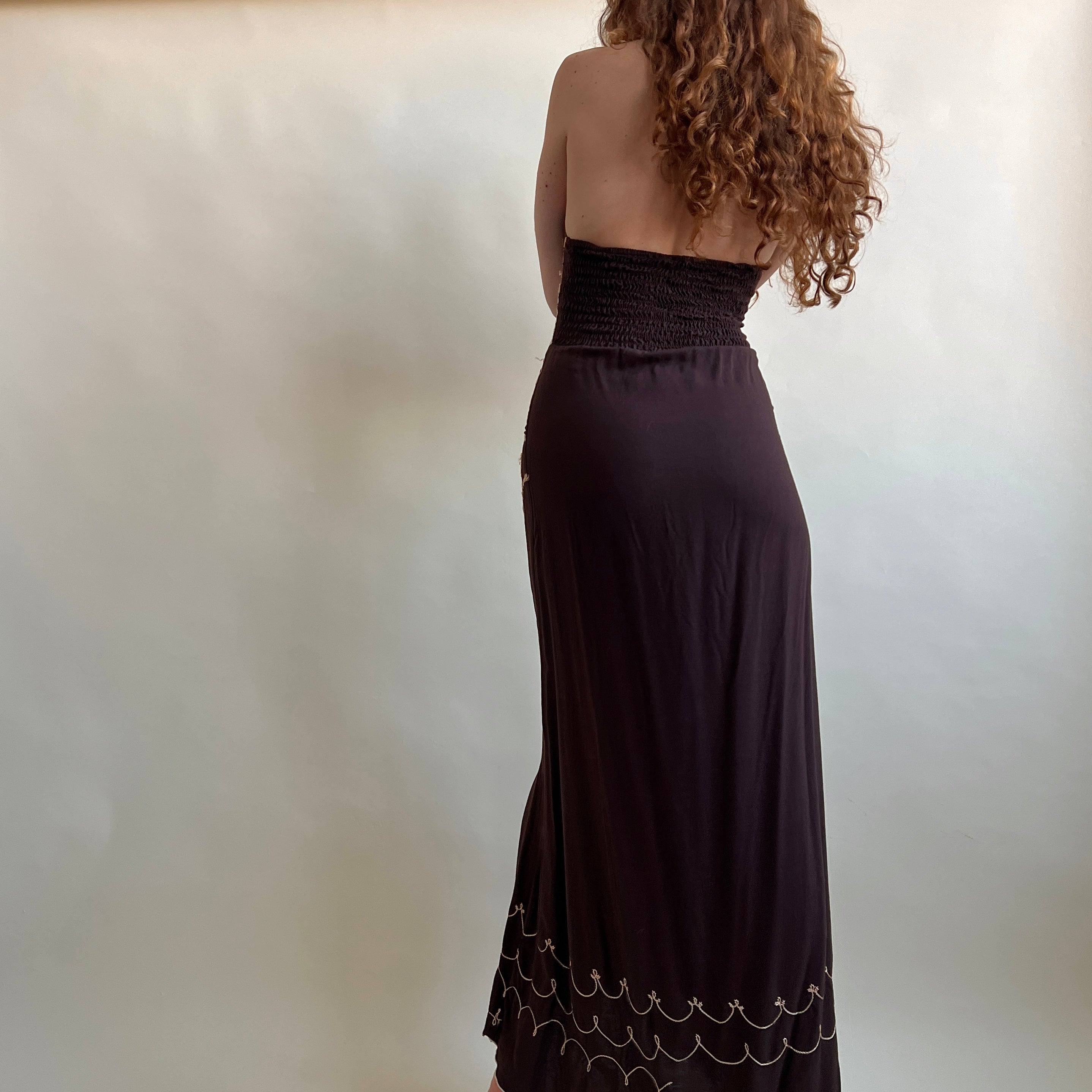 Brown embroidered crochet halter maxi (S/M)