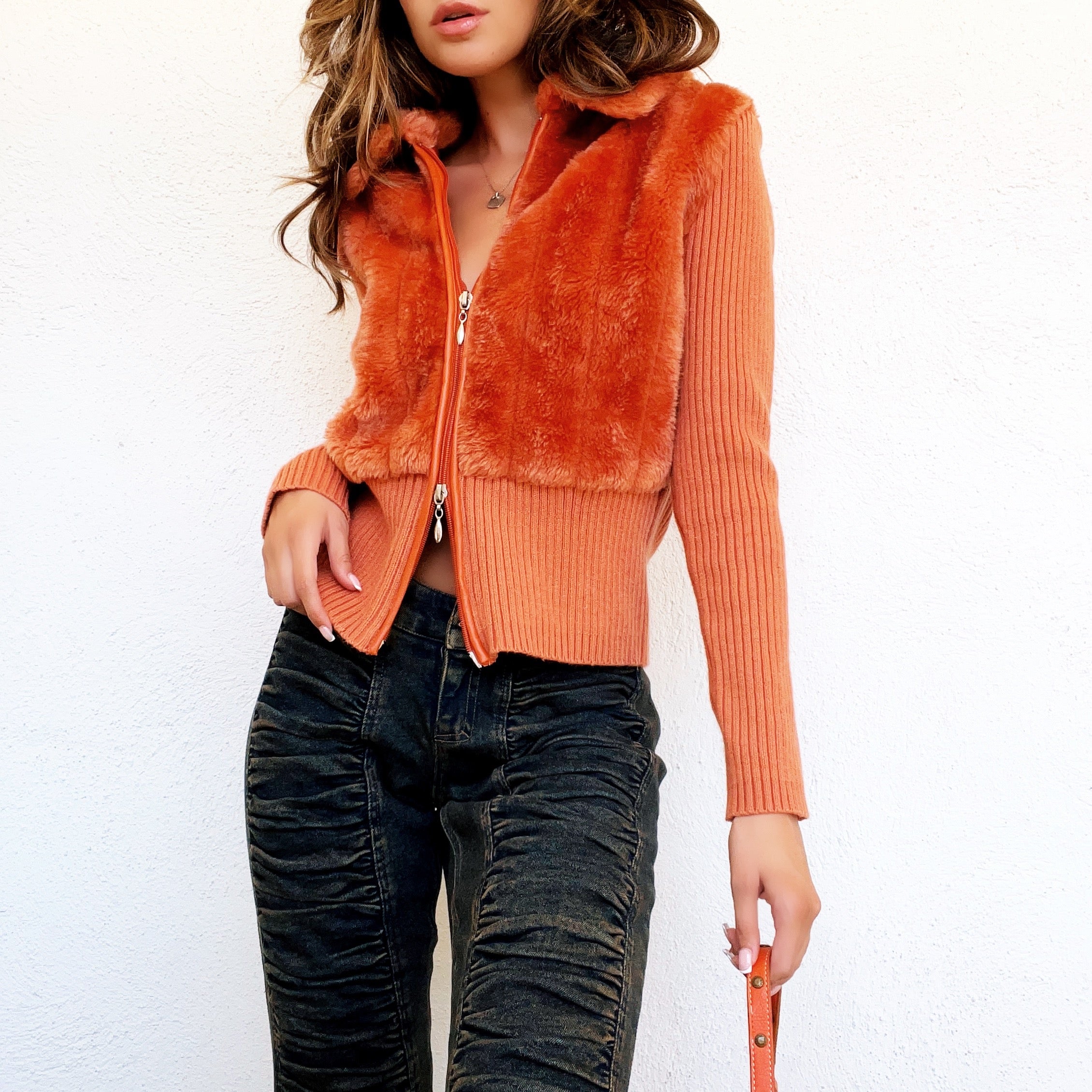 Orange Faux Fur Double Zip Jacket