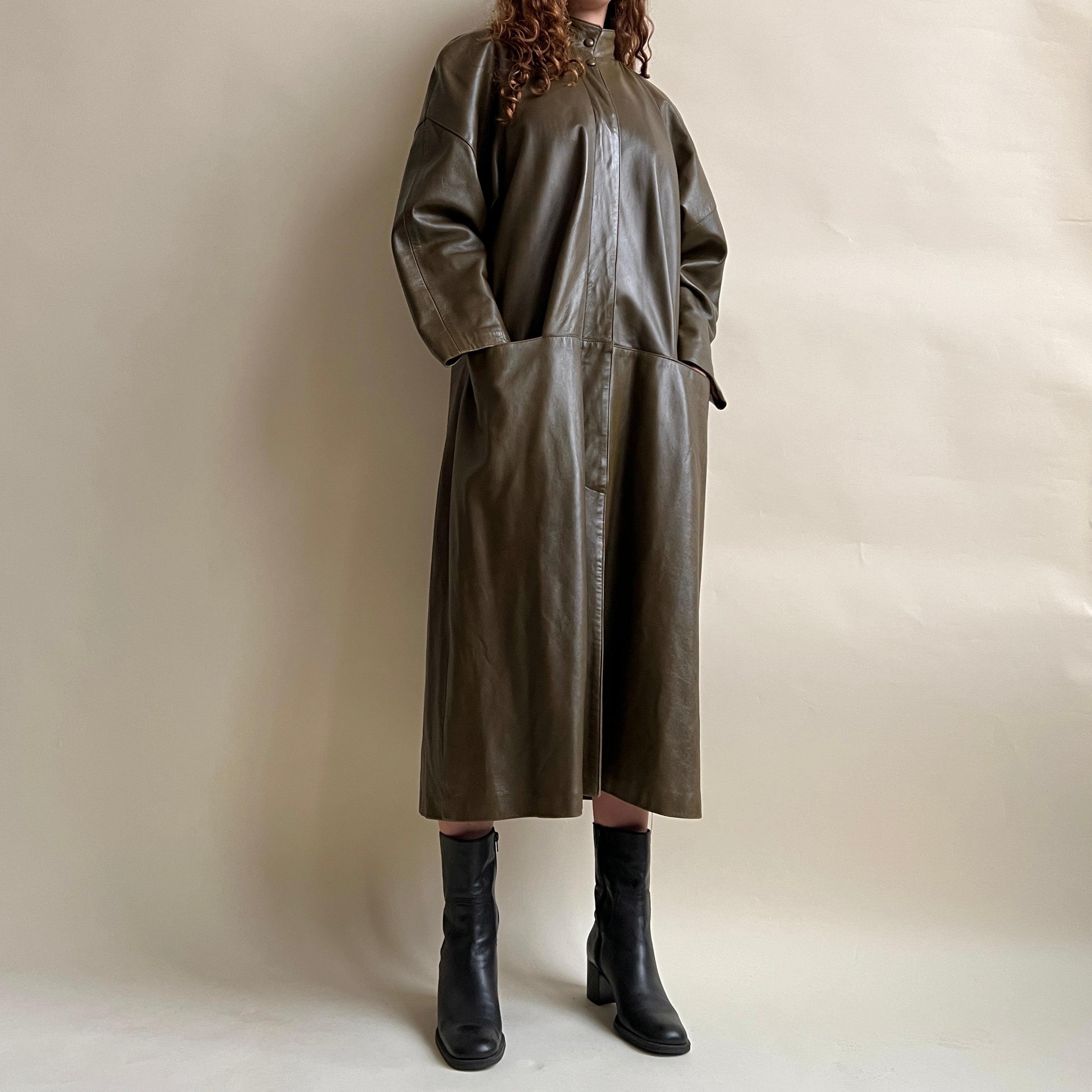 Vintage 90s olive leather maxi coat - XXL