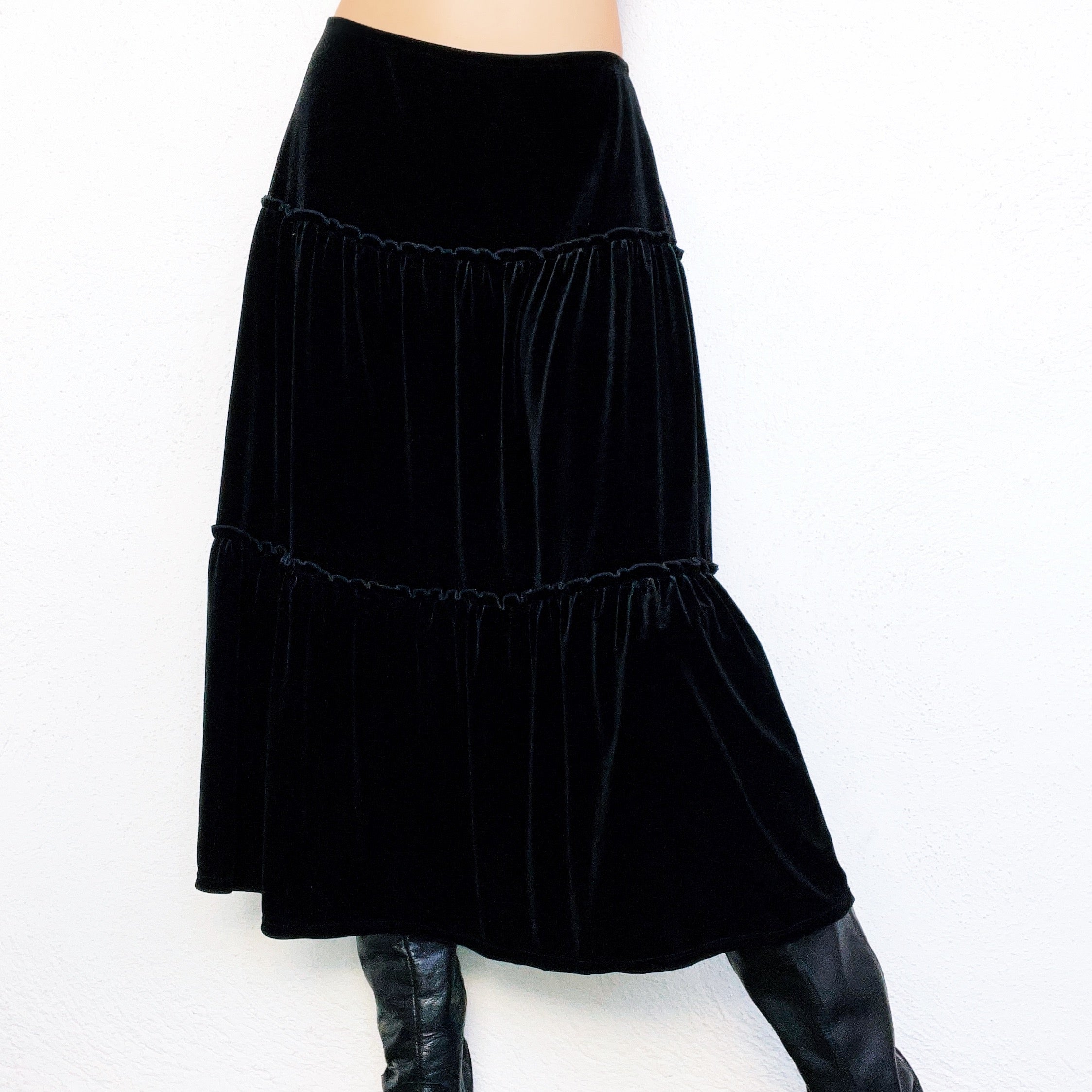 90s Black Velvet Tiered Midi Skirt
