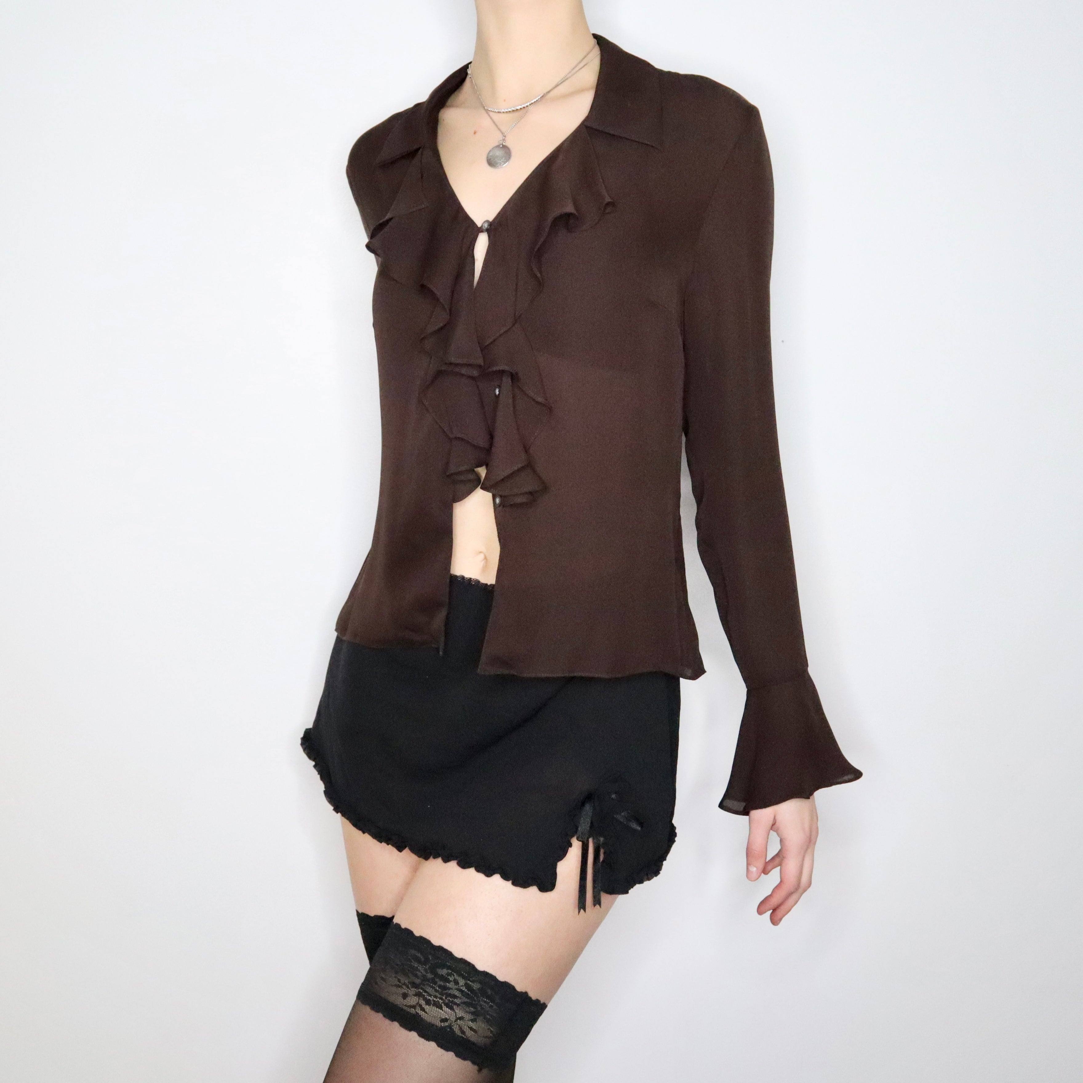 90s RALPH LAUREN Brown Silk Chiffon Ruffle Blouse (M/L)