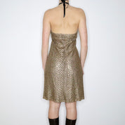 90s Gold Shimmer Crochet Halter Dress (M)