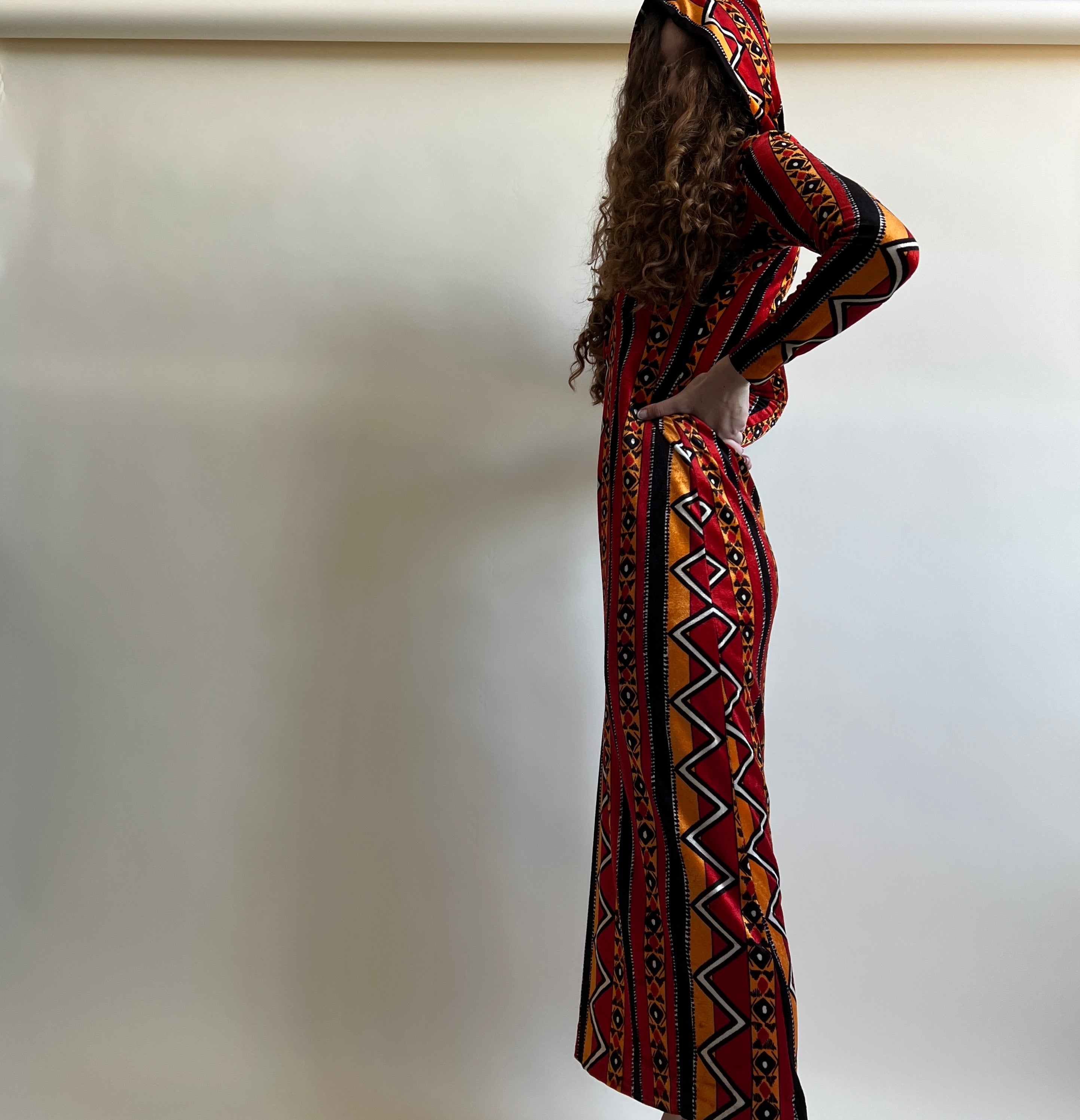 Vintage 70s printed velvet hooded maxi dress S/M