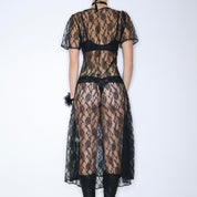 80s Whimsigoth Sheer Black Lace Dress (L)